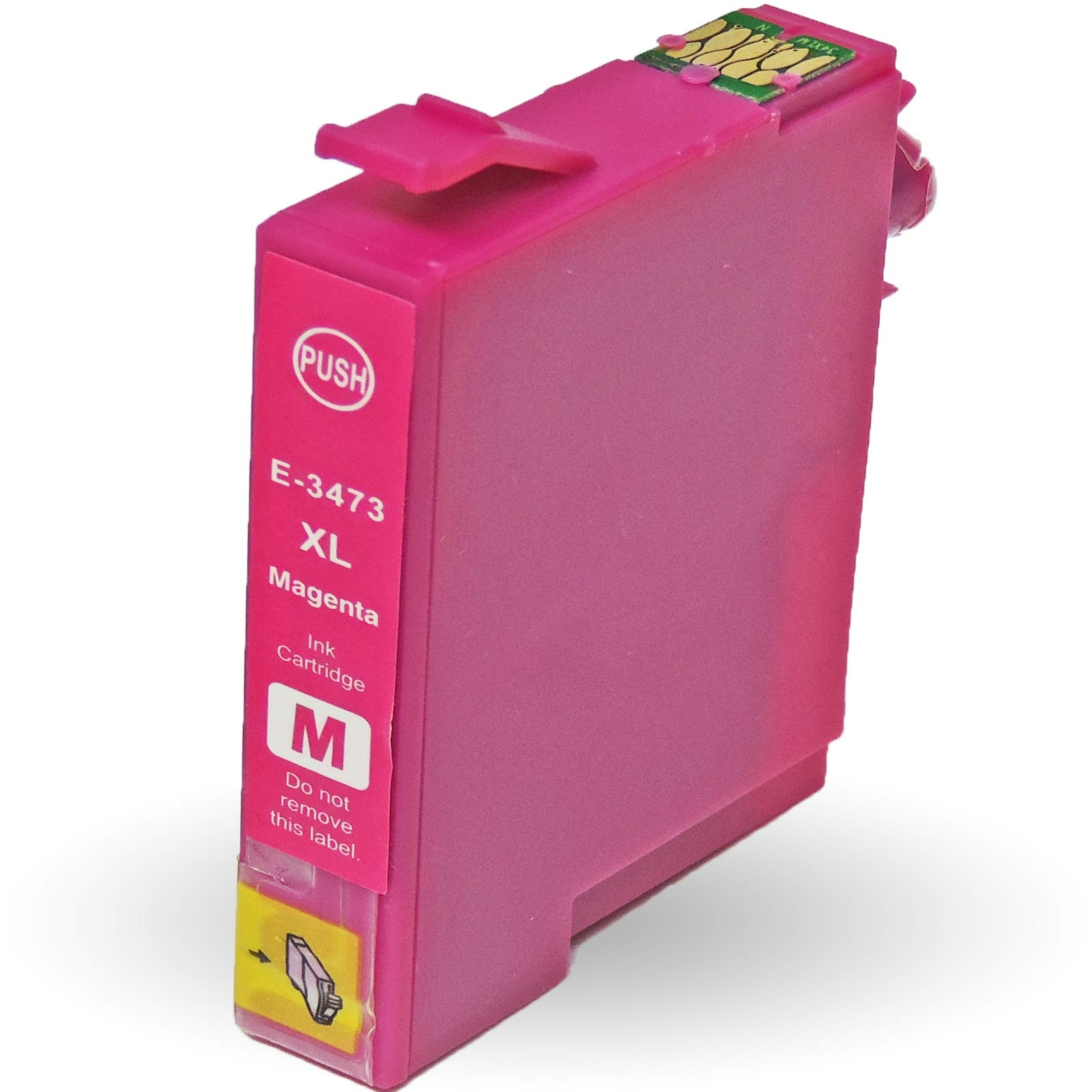 Magenta-Tintenpatrone mit dem Text E-3473 XL und einem Etikett mit der Aufschrift dieses Etikett nicht entfernen.