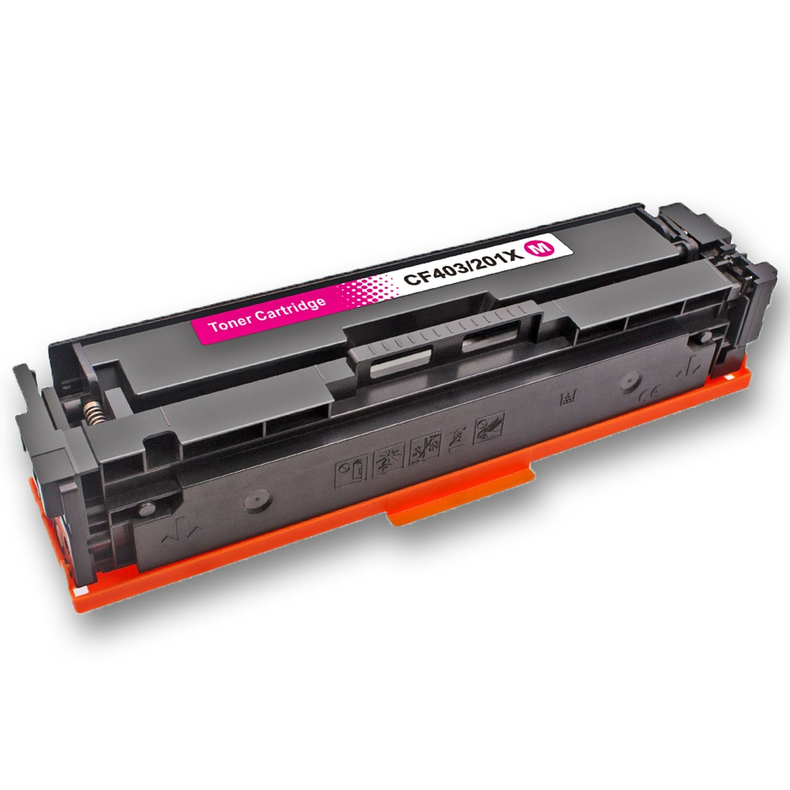 Schwarze Tonerkartusche mit magentafarbenem Etikett, Text: CF403/201X M, und orangefarbenen Akzenten.