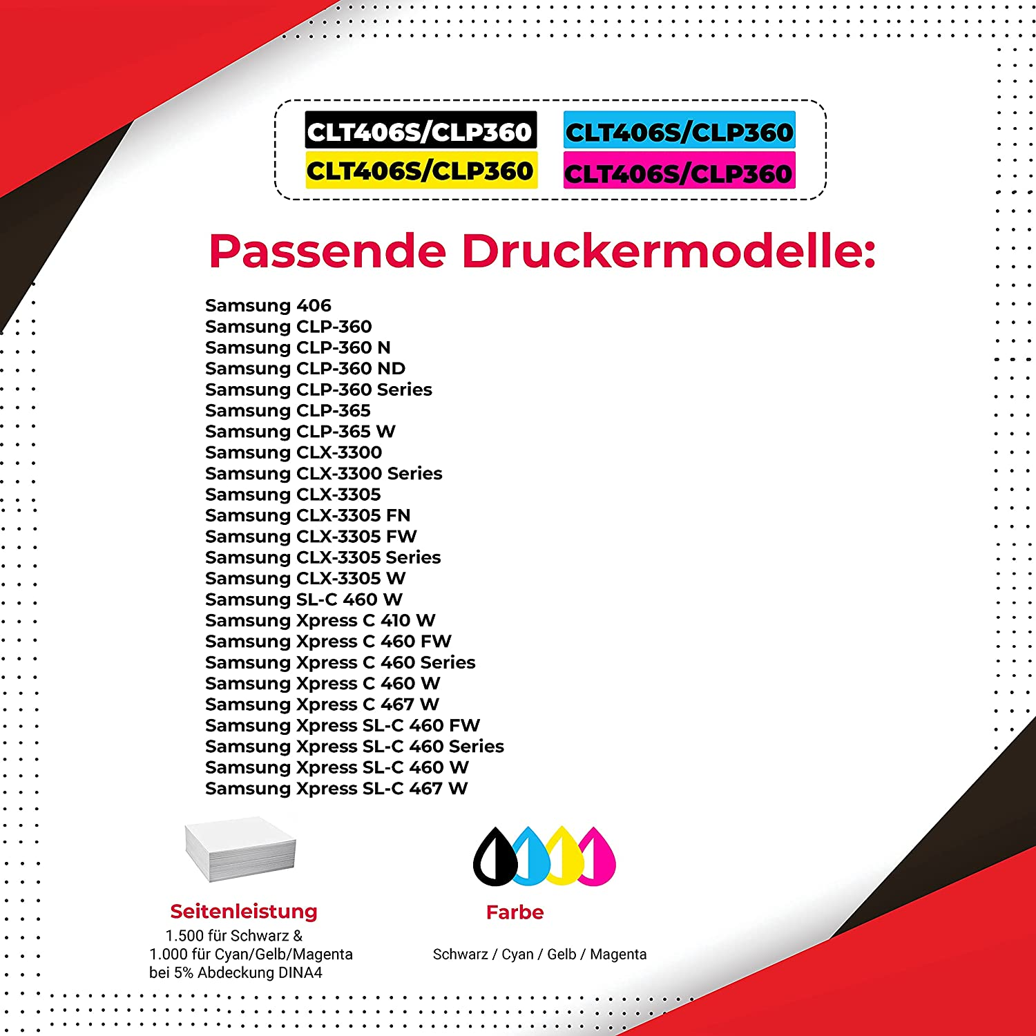 Etiketten für Druckpatronen mit Farbcodes und kompatiblen Druckermodellen.