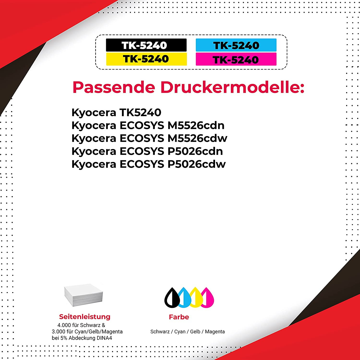 Ein weißes Papier mit Text über Kyocera-Druckermodelle und kompatible Tintenpatronen.