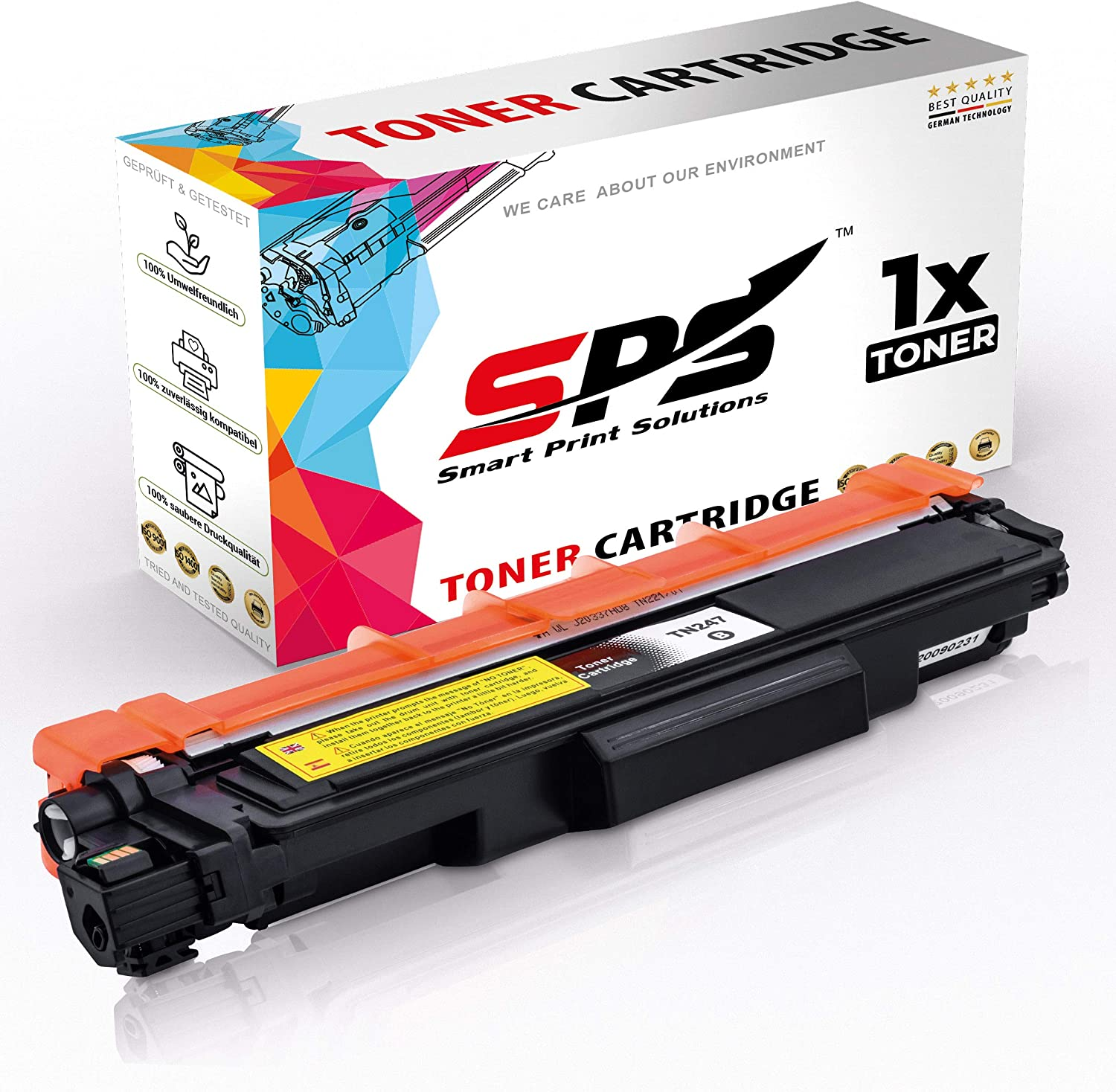 Tonerkartusche mit weißer Box. Die Box hat Text und Bild. Der Toner ist orange und schwarz.