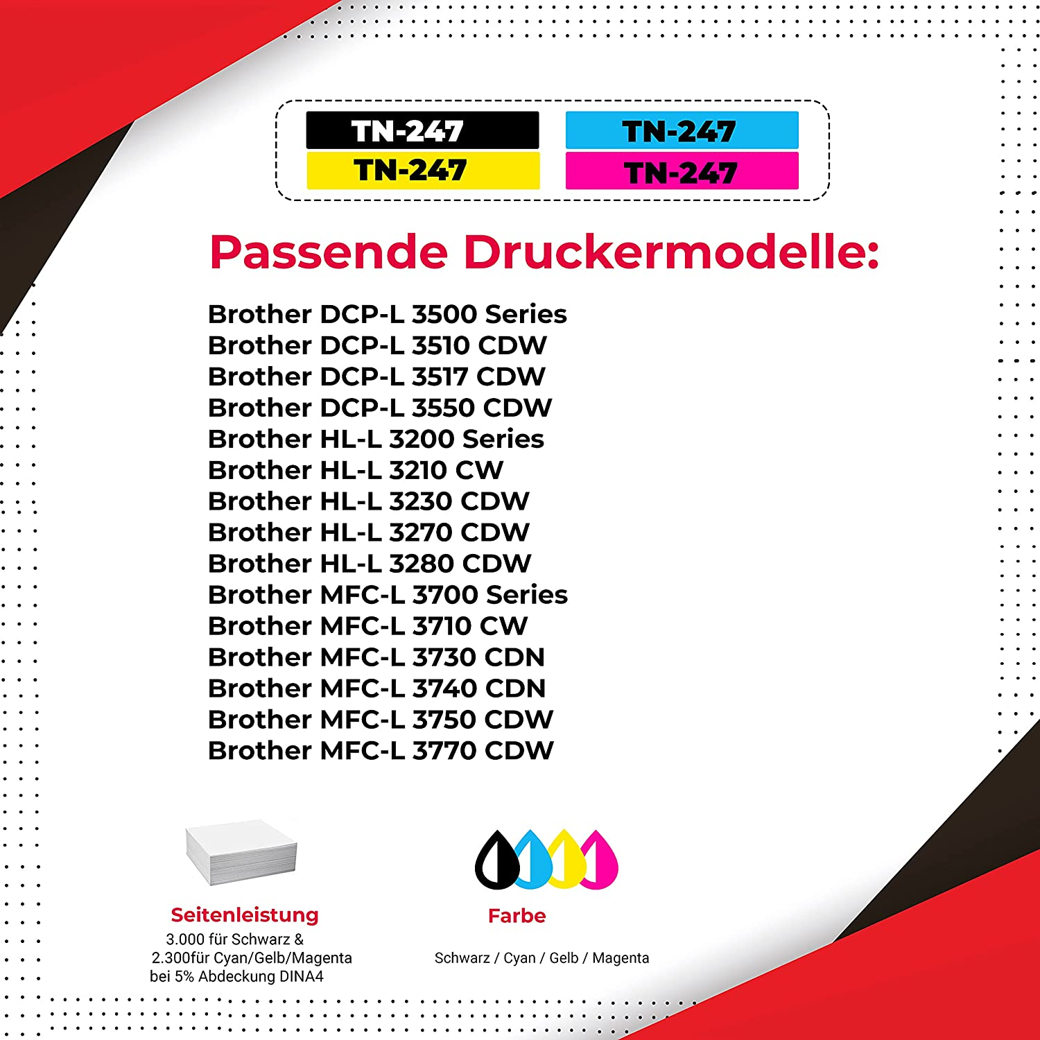 Eine Produktinfografik mit Druckermodellen und Tintenpatronenfarben.