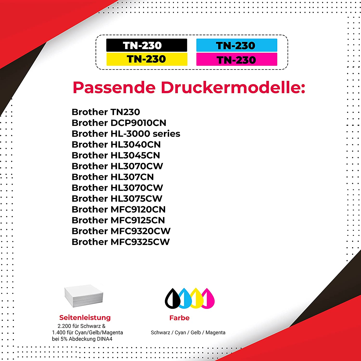 Ein weißer Hintergrund mit schwarzen und gelben TN-230 Druckerpatronenetiketten sowie Modellen.