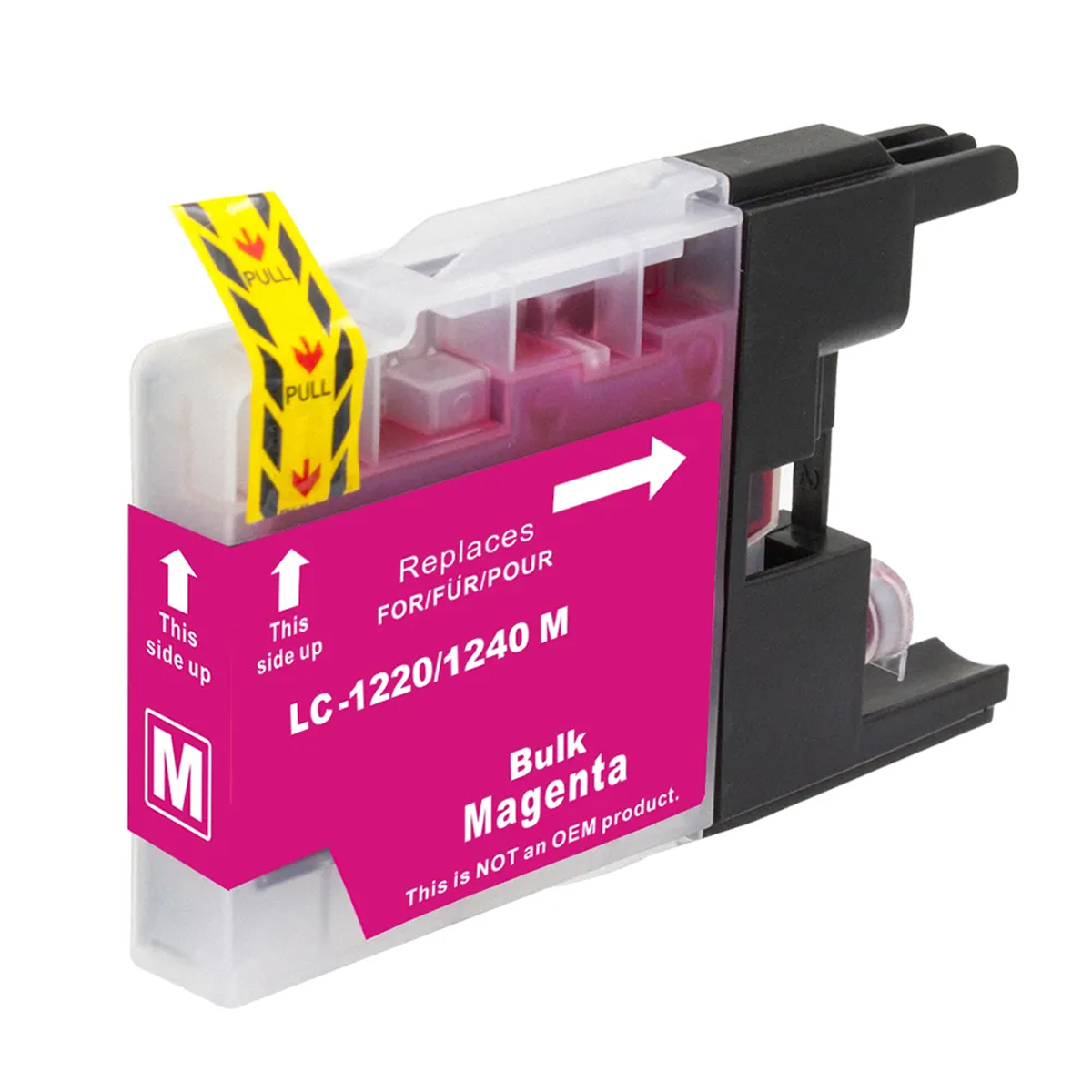 Magenta Tintenpatrone mit weißem und schwarzem Abschnitt. Hat Laschen und Textetiketten.