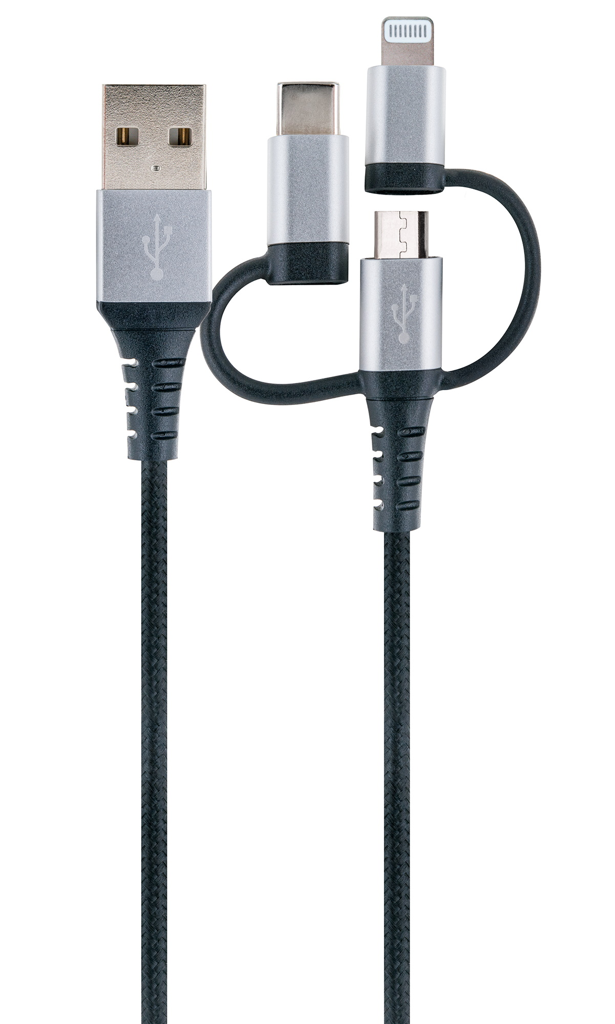 USB -LKU100 Lightning | 2.0 USB USB 533-, C, | 1,5 m, SCHWAIGER Schwarz/Silber zu Ladekabel Stecker 3-in-1 Sync B & 3.1 A Micro
