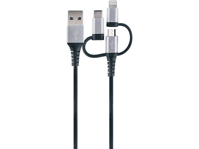 SCHWAIGER -LKU100 533-, 3-in-1 Sync & Ladekabel USB 2.0 A  zu  USB Micro B Stecker | Lightning  | USB 3.1 C, 1,5 m, Schwarz/Silber