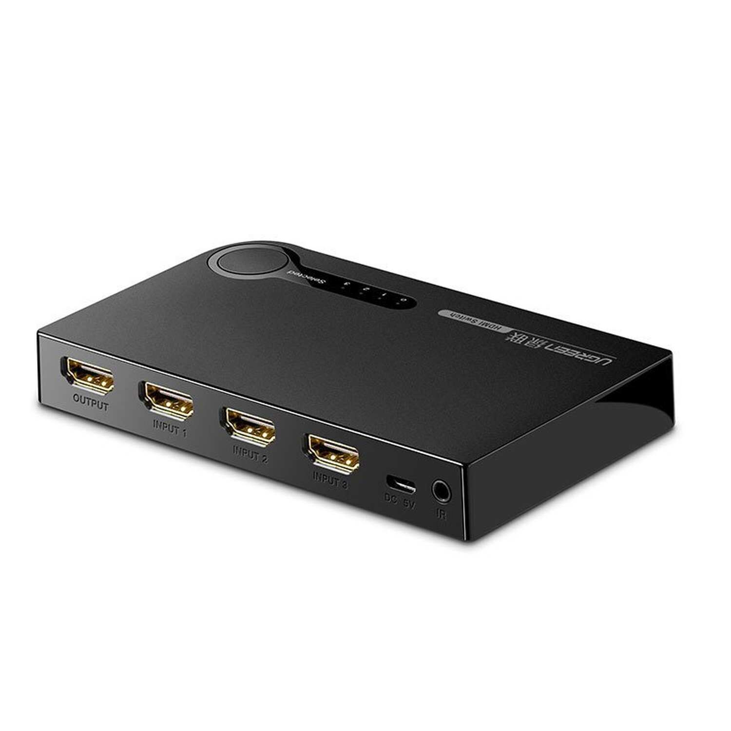 Schwarze HDMI-Switch-Box mit Ausgang, Eingangsanschlüssen und einem DC 5V-Anschluss.