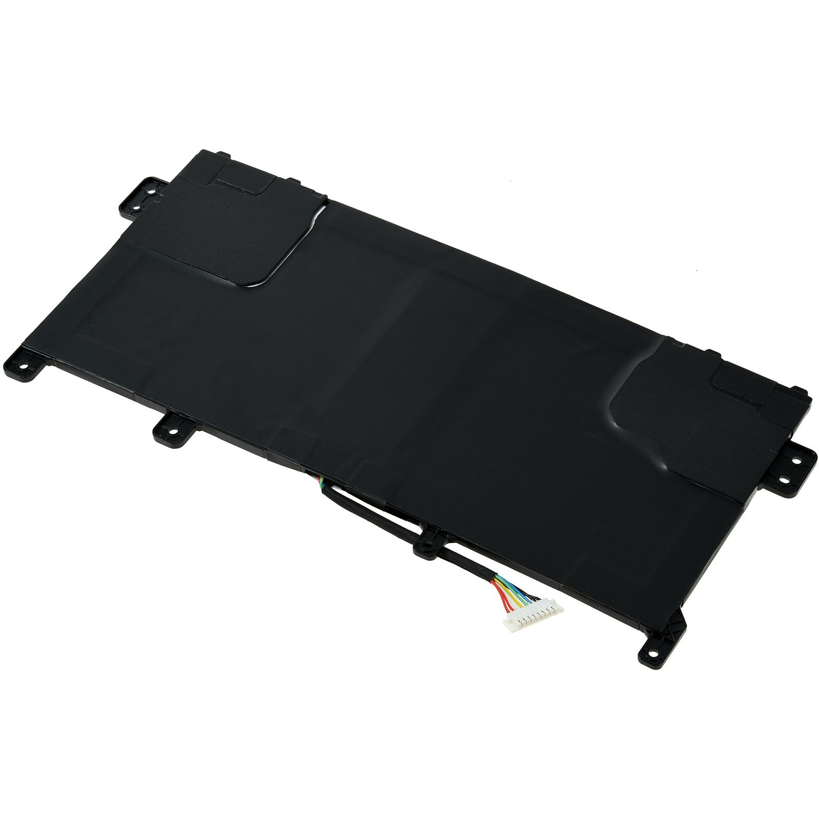 Schwarze Batterie mit Stecker und mehrfarbigen Drähten, weißer Hintergrund.