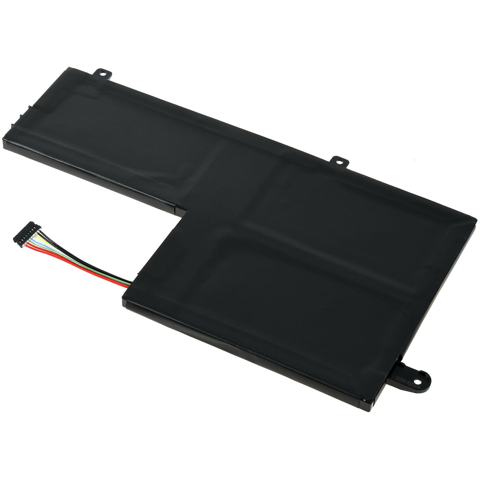 Schwarzer rechteckiger Akku mit sichtbaren Drähten und Stecker. Es ist in einer schrägen Ansicht.