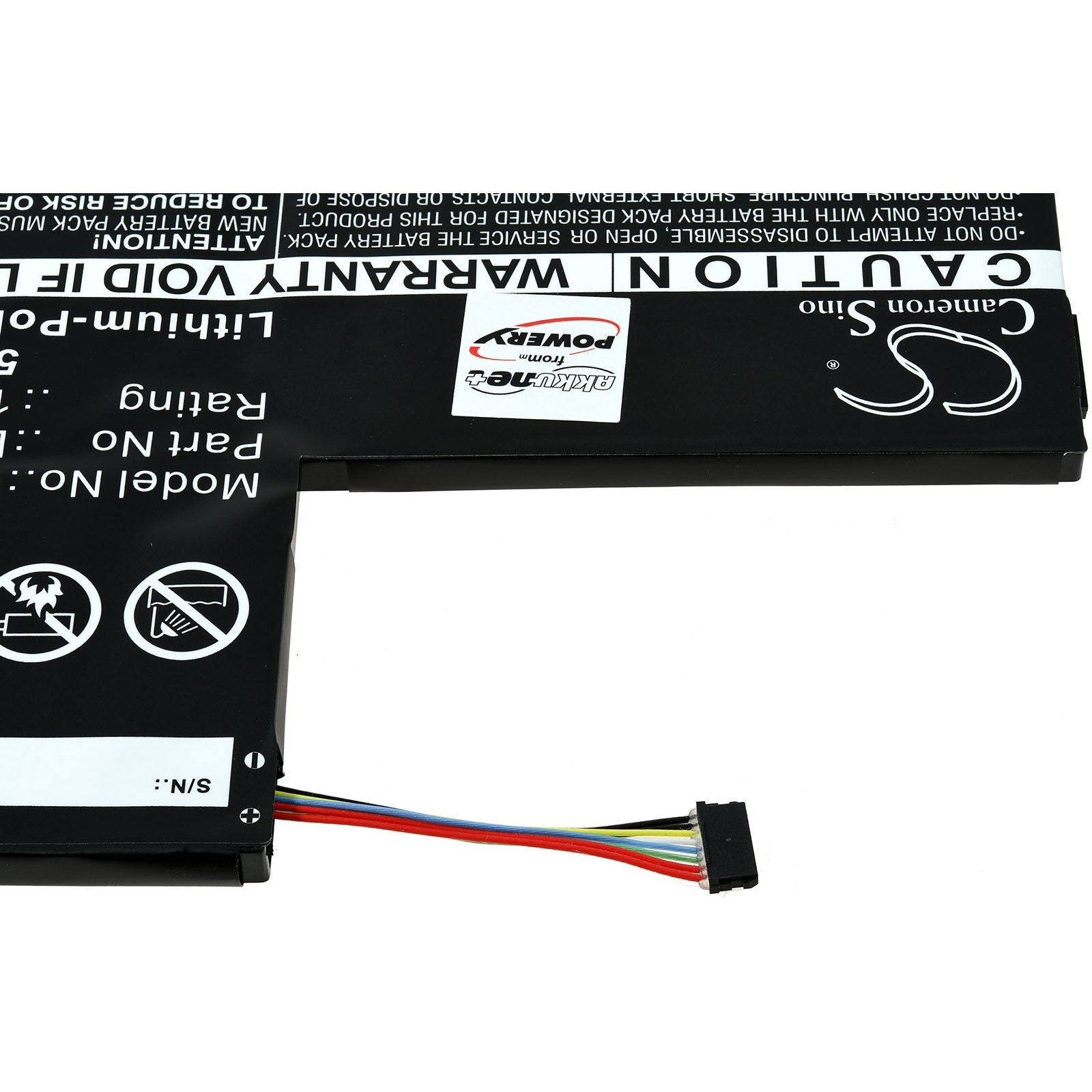 Eine schwarze Batterie mit weißem Text und einem Anschluss. Oben befindet sich ein Warnhinweis.