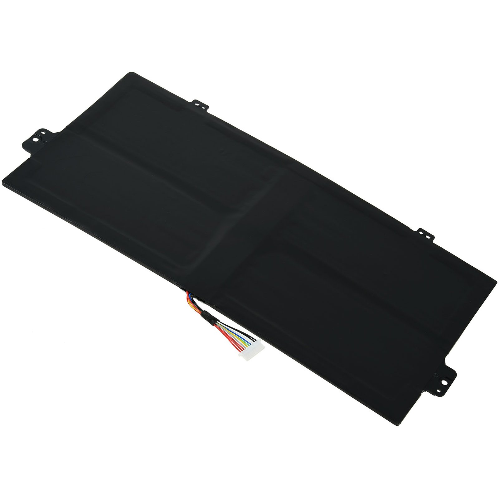 Ein schwarzer Laptop-Akku auf weißem Hintergrund, Draufsicht.