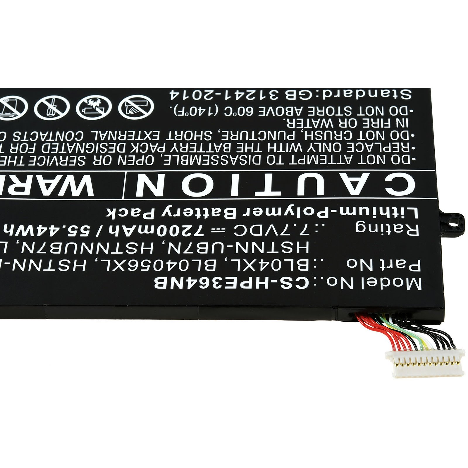 Batterieetikett mit Text. Enthält Warnungen und technische Informationen. Weißer Hintergrund.