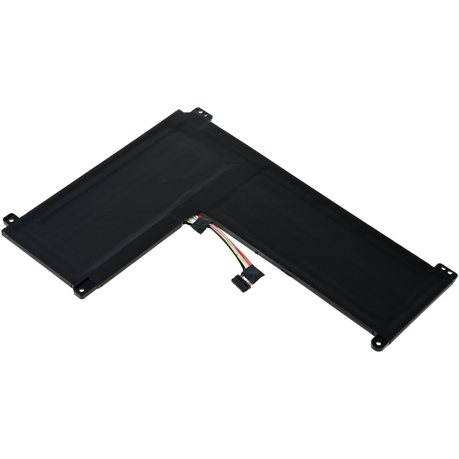 Schwarzer L-förmiger Laptop-Akku mit Anschlusskabeln, weißer Hintergrund.