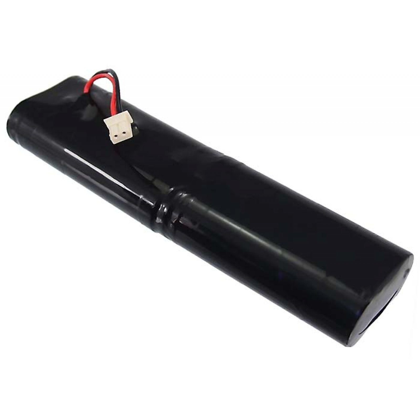 Batería recargable negra con conector, fondo blanco.