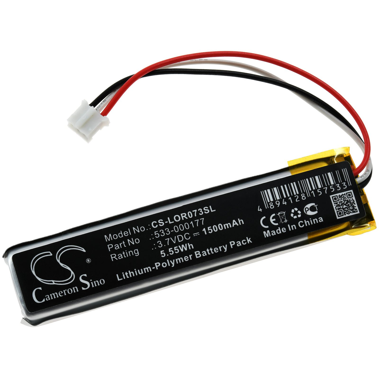 Schwarzer rechteckiger Akku mit schwarzen und roten Drähten und weißem Stecker.