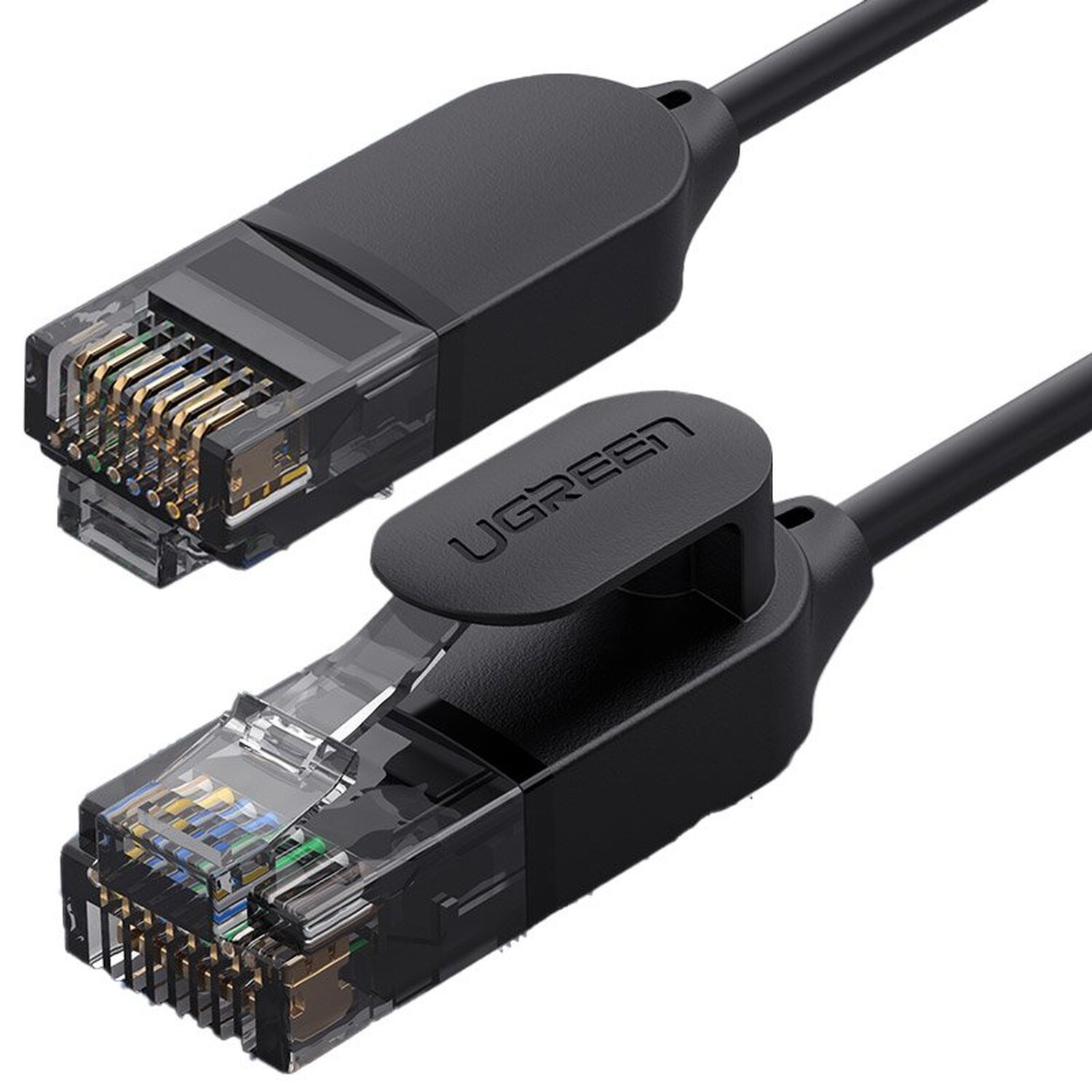 Zwei schwarze Ethernet-Kabelanschlüsse. UGREEN-Logo sichtbar. Weißer Hintergrund.