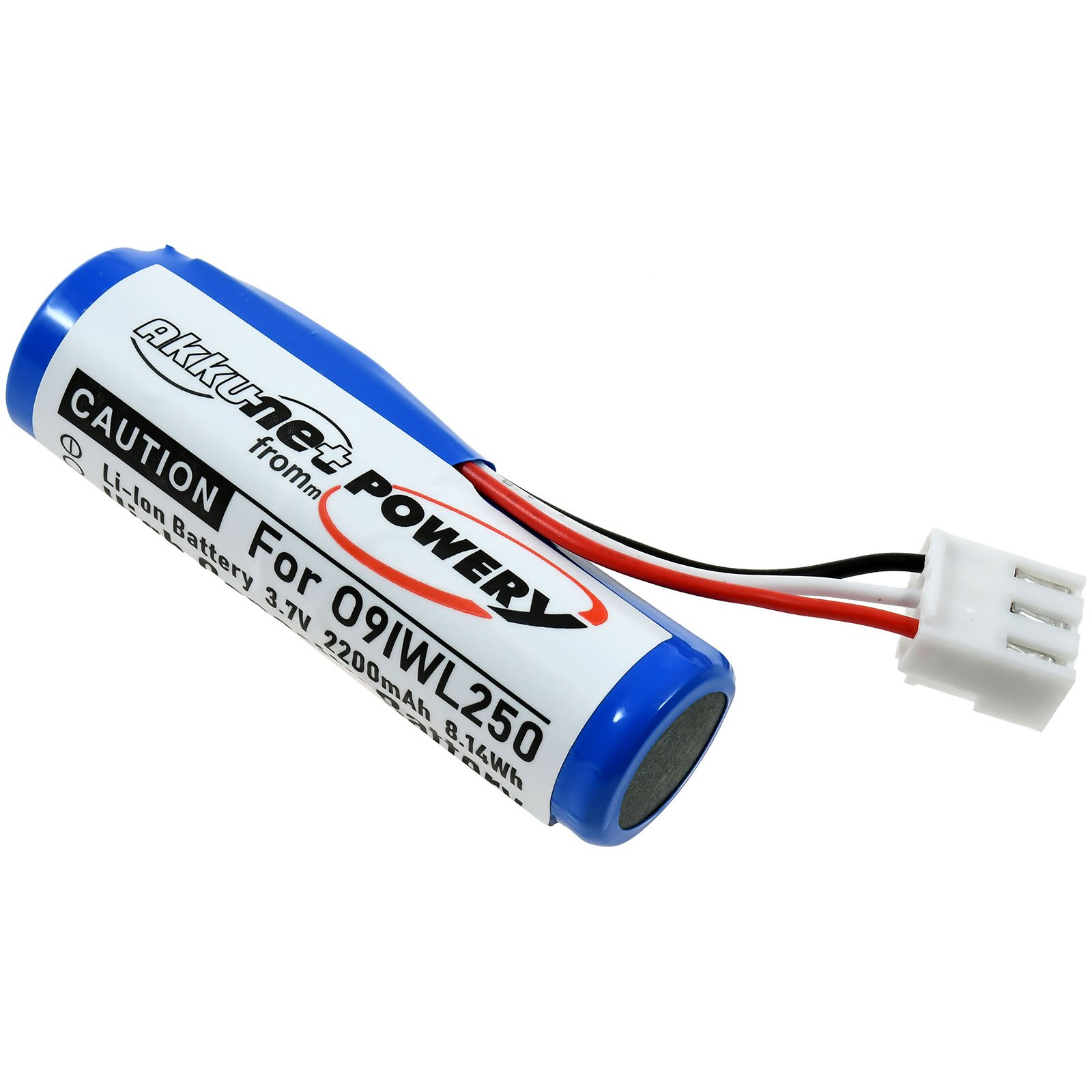 Eine zylindrische Batterie mit blau-weißen Etiketten. Hat einen Stecker mit drei Drähten.