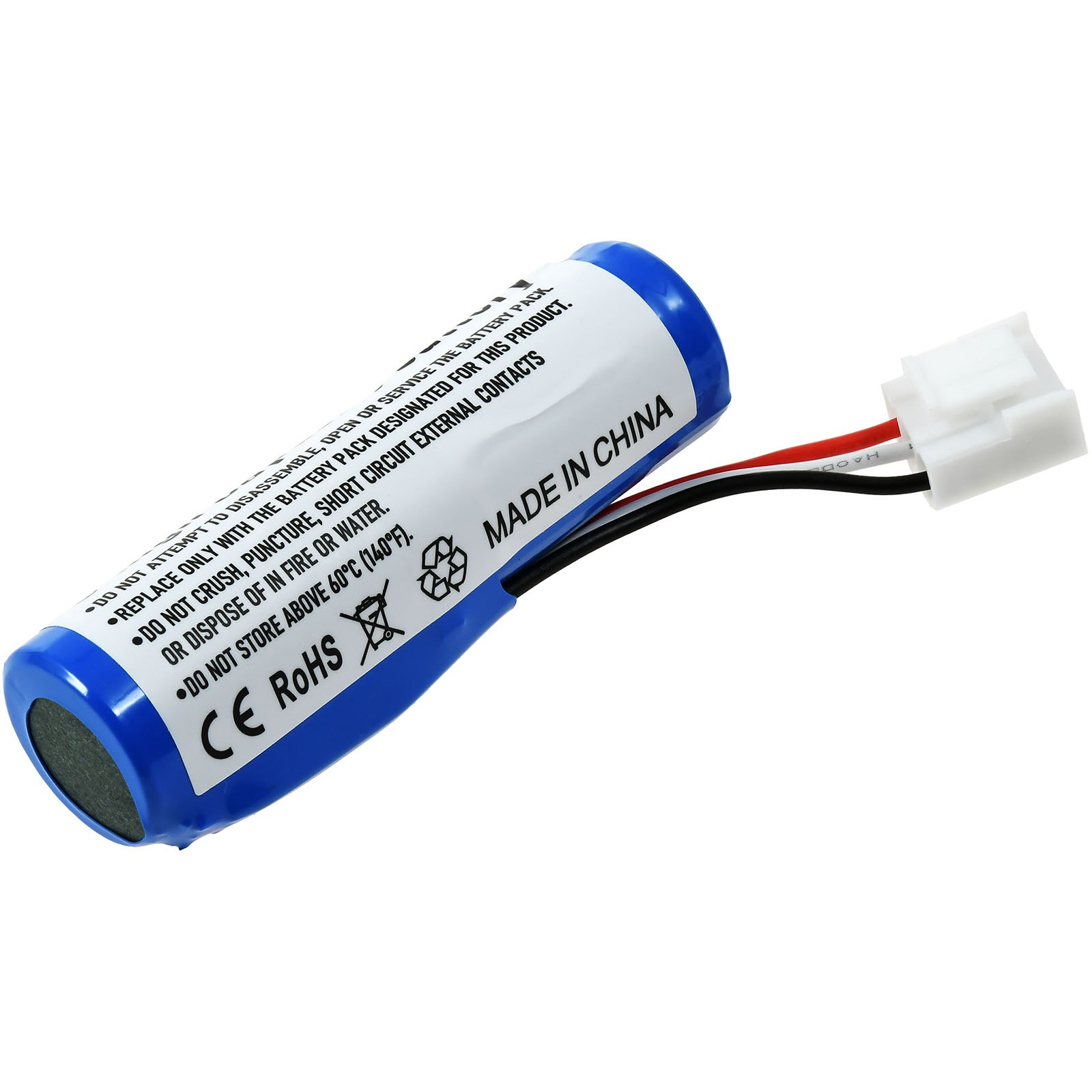 Eine blaue zylindrische Batterie mit weißem Etikett. Es hat herausragende Anschlüsse.