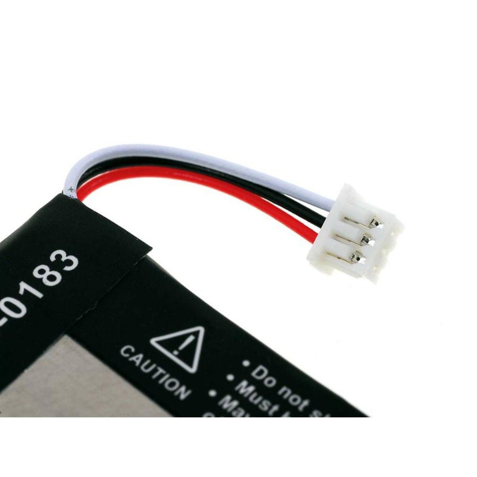 Una batería con un conector y cables blancos, y una etiqueta de precaución.
