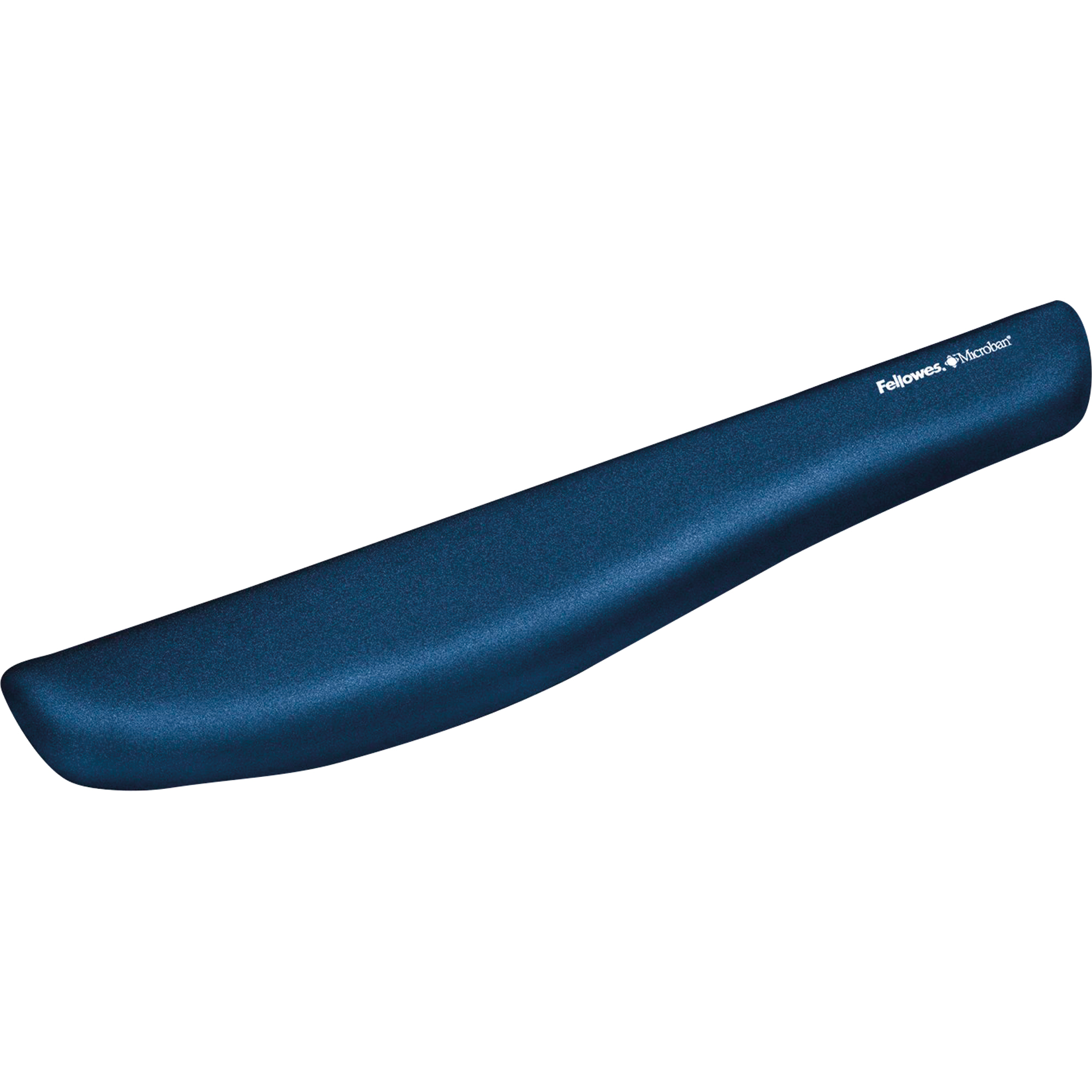 Niebieska ergonomiczna podpórka pod nadgarstek z napisem 'Fellowes Microban' na białym tle.