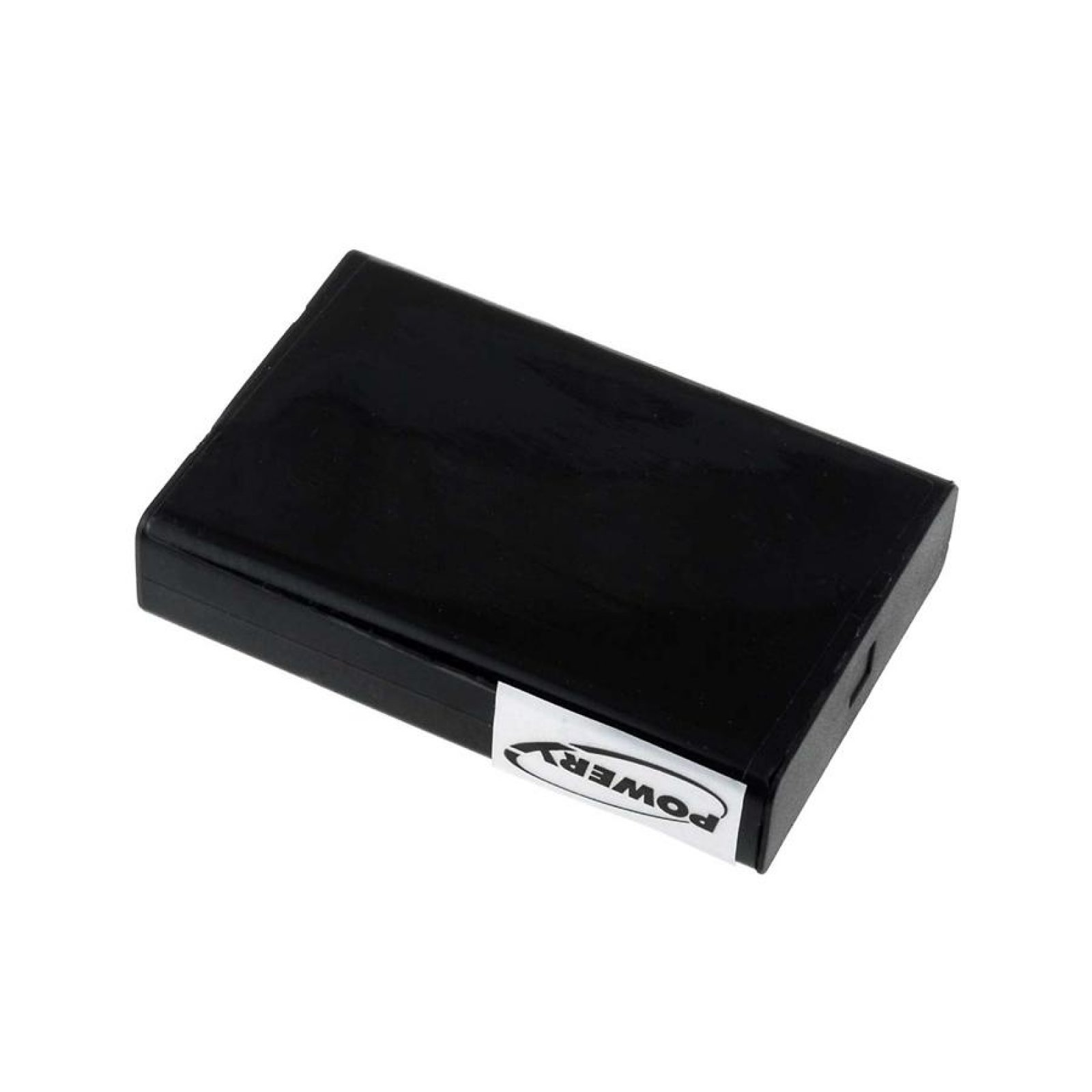 Un banco de energía rectangular negro con una pegatina blanca que dice POWER.