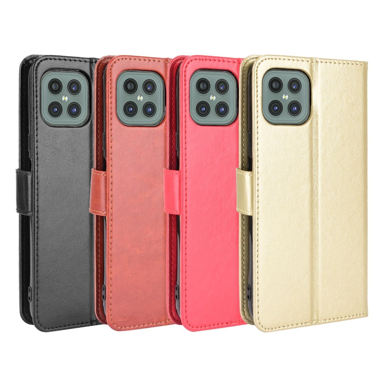Vier bunte Handyhüllen, schwarz, rot, rosa und gold, mit Kameraausschnitten.