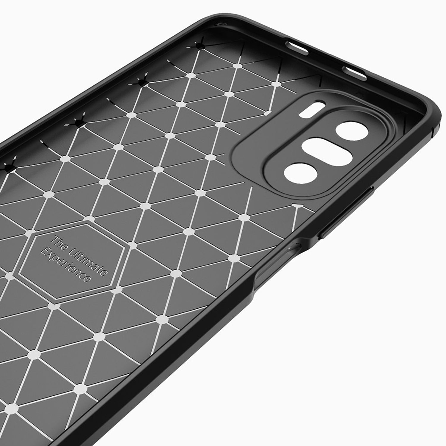 Schwarze Handyhüllen-Innenseite mit geometrischem Muster und Text.
