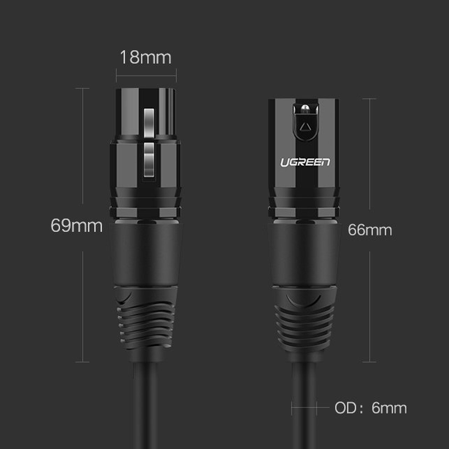Schwarzes UGREEN XLR-Kabel mit Maßen. Der Stecker ist rechts.