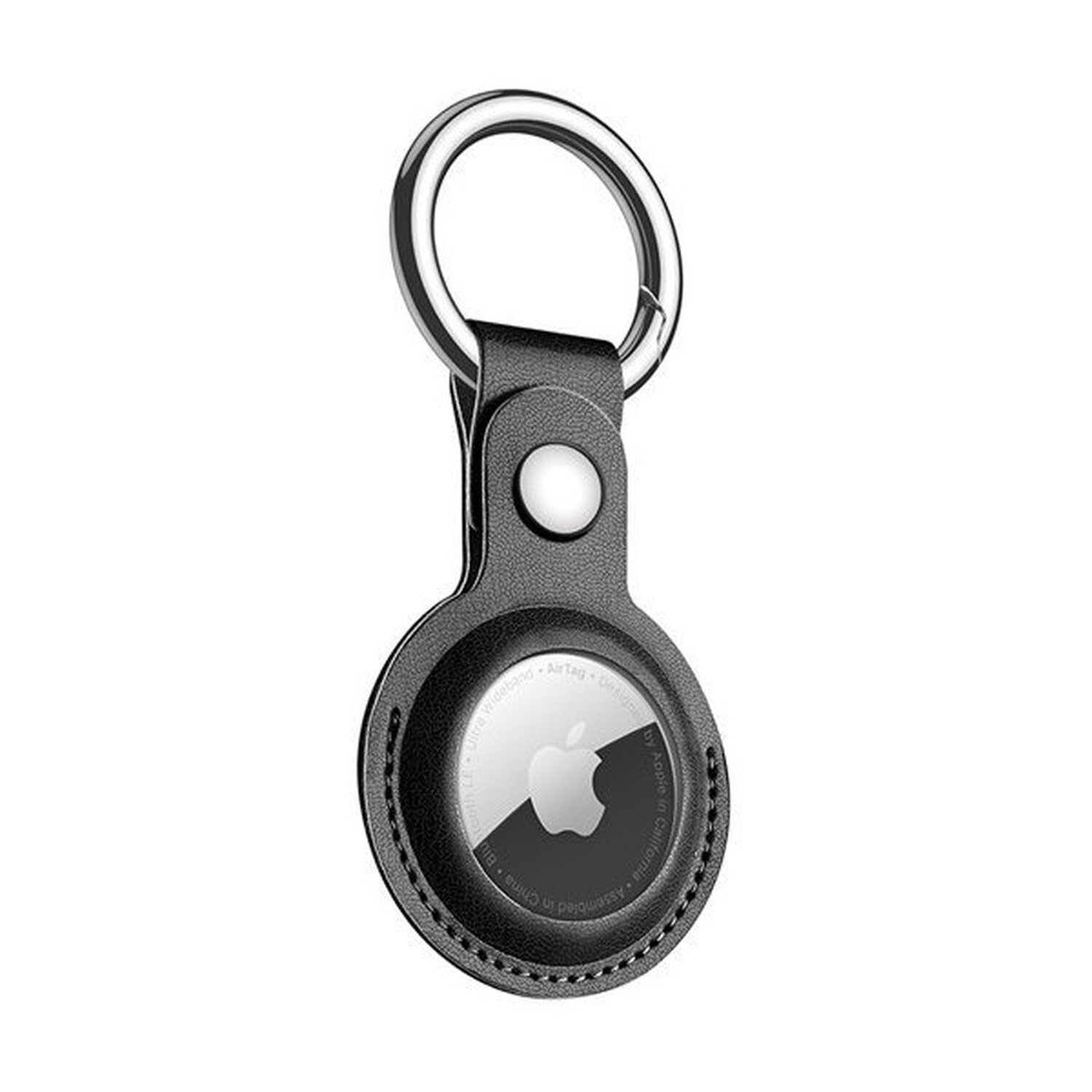 Schwarzer Leder-AirTag-Schlüsselanhänger mit silbernem Apple-Logo und Schlüsselring.