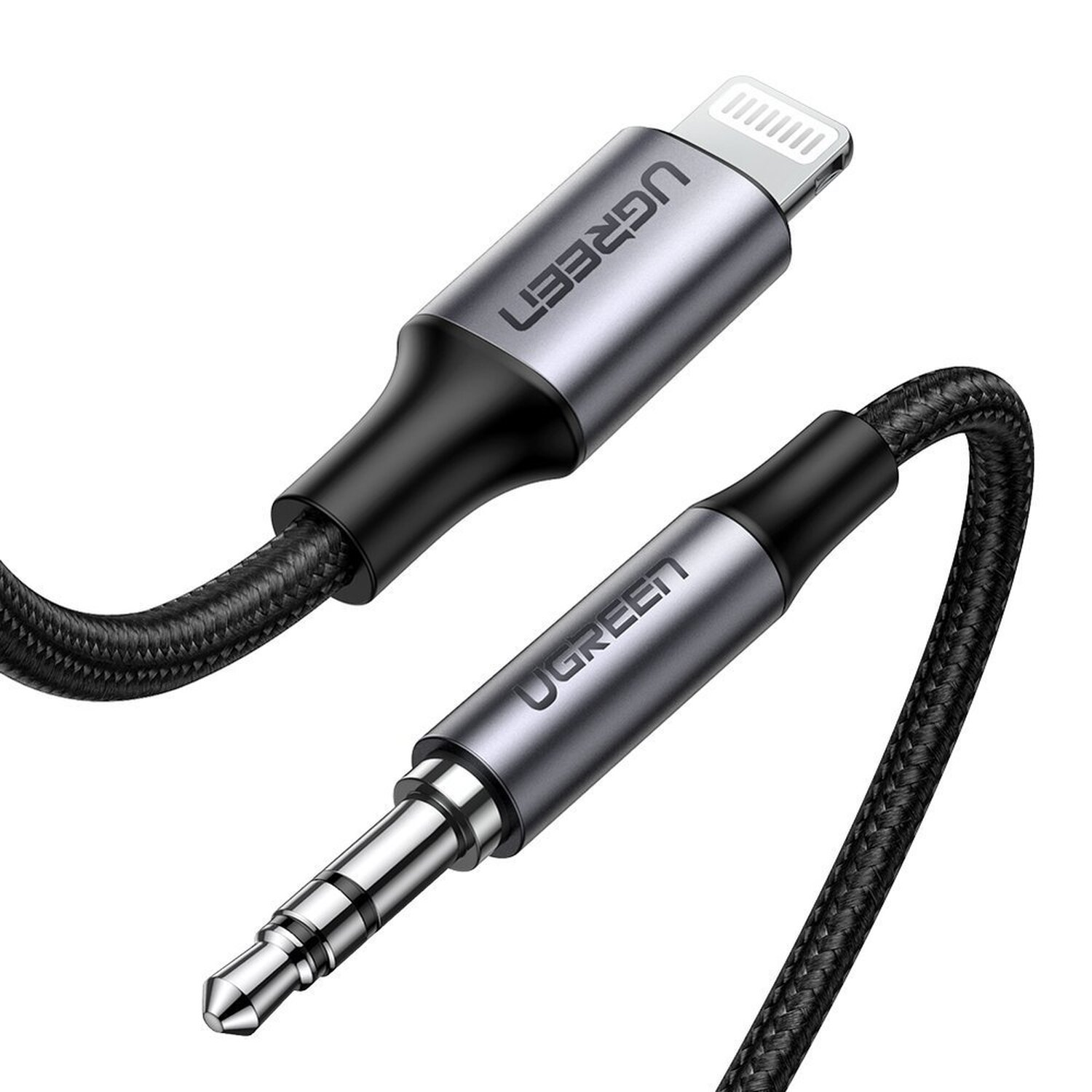 Ugreen Audiokabel: Lightning auf 3,5-mm-Klinke, schwarz und silber.