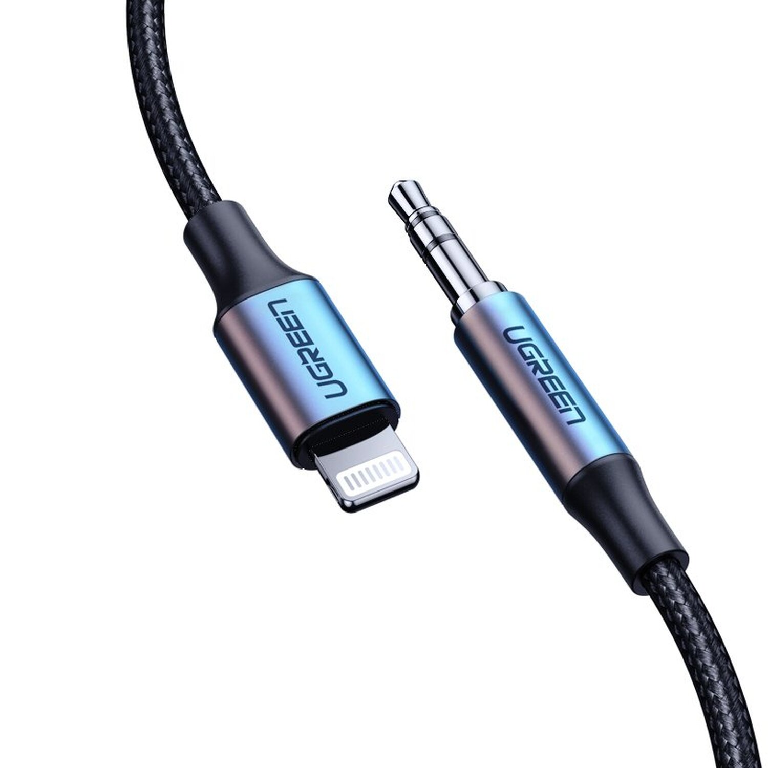 Schwarzes und blaues UGREEN Audiokabel mit Lightning- und 3,5-mm-Klinkenstecker.