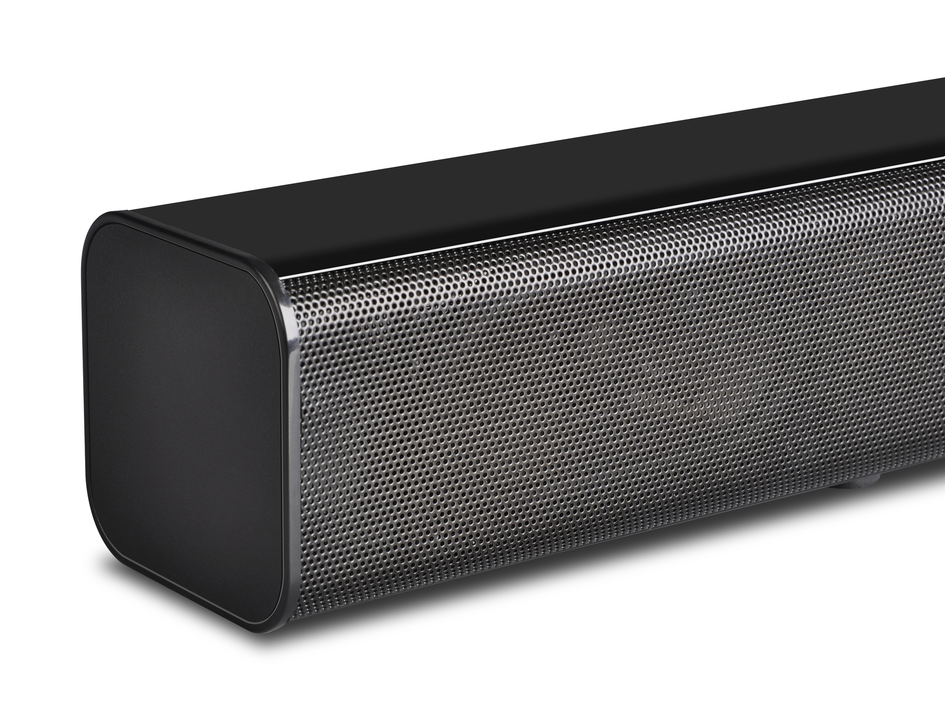 Czarny soundbar z siatką głośnika. Białe tło.