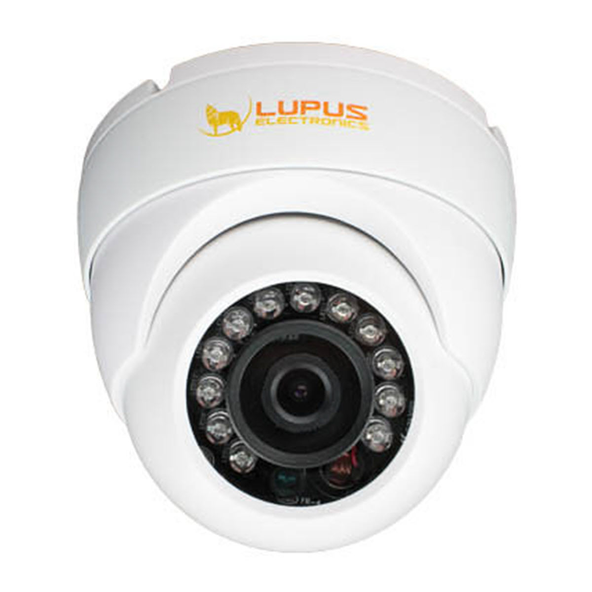 Telecamera di sicurezza bianca con lente nera, luci LED, cupola bianca e logo in alto.
