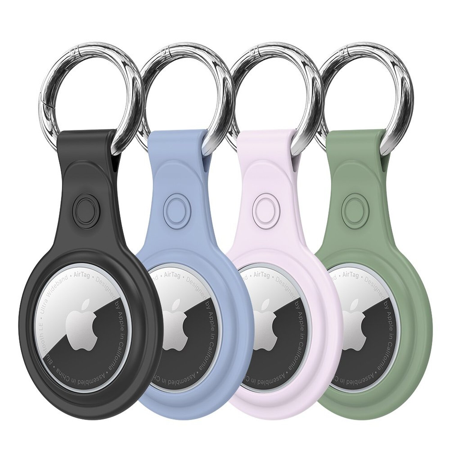Vier farbige Schlüsselanhänger mit Metallringen. Schwarze, blaue, rosa und grüne AirTag-Hüllen.