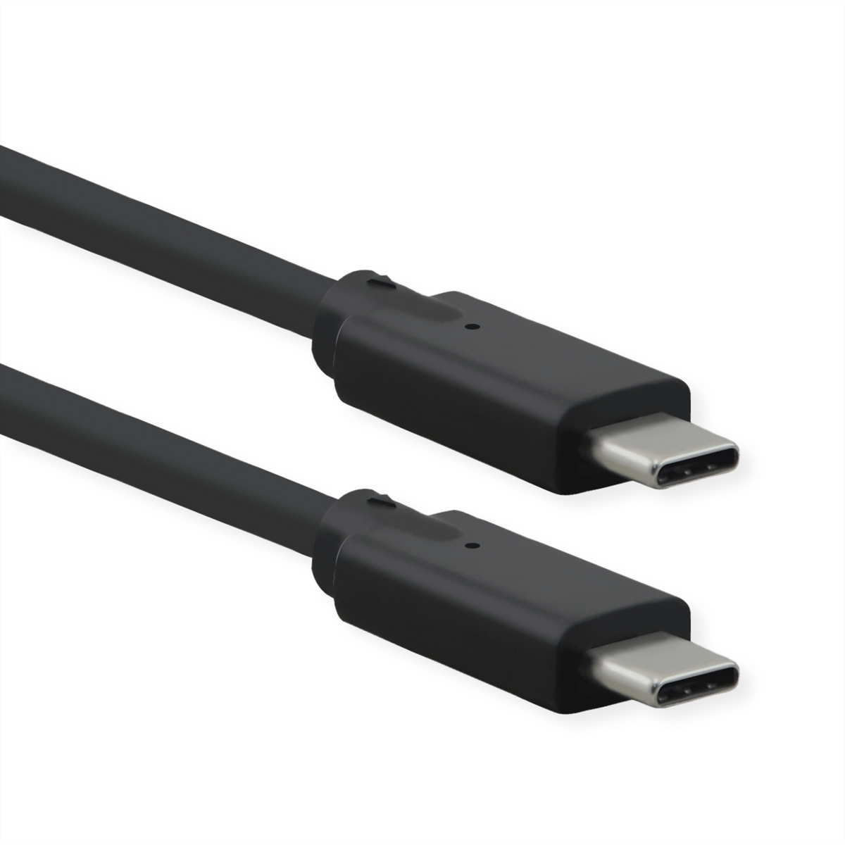 Due cavi USB-C neri con connettori argentati su sfondo bianco.