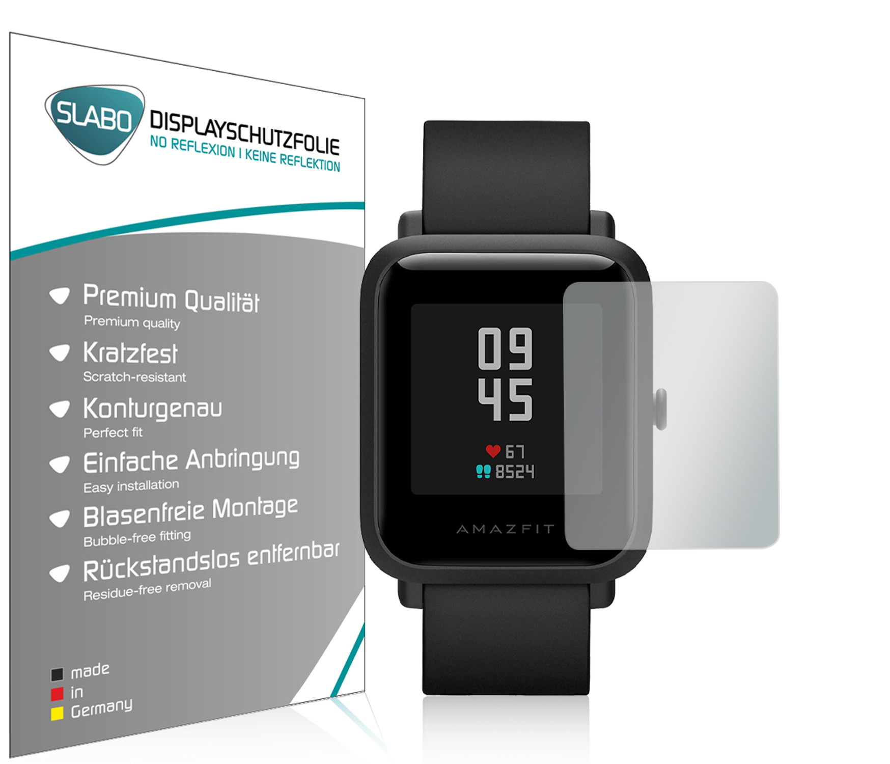 Smartwatch mit Displayschutzfolie, schwarz-weißem Bildschirm. Schutzfolie sichtbar.