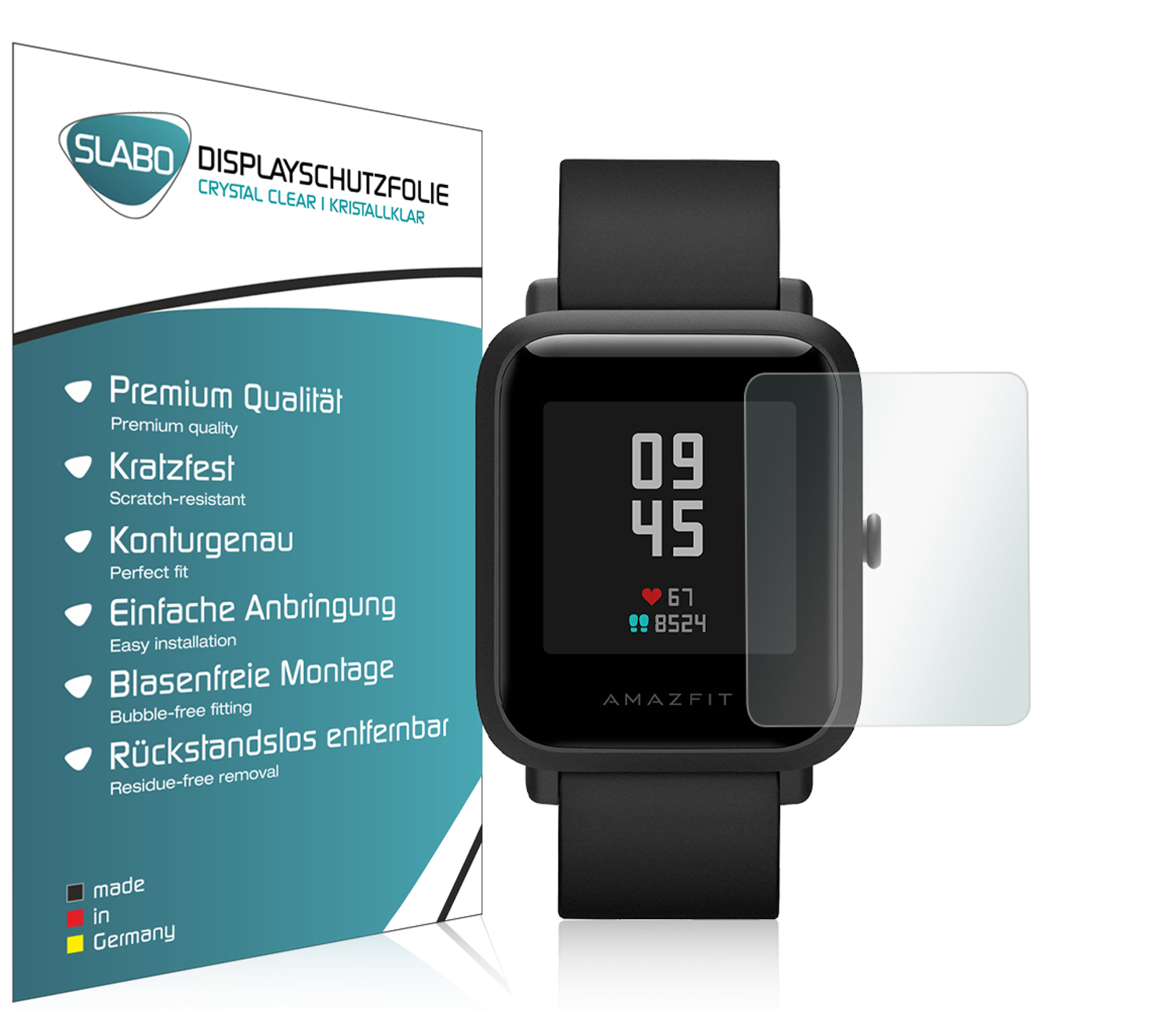 Smartwatch mit Displayschutzfolie neben der Verpackung.