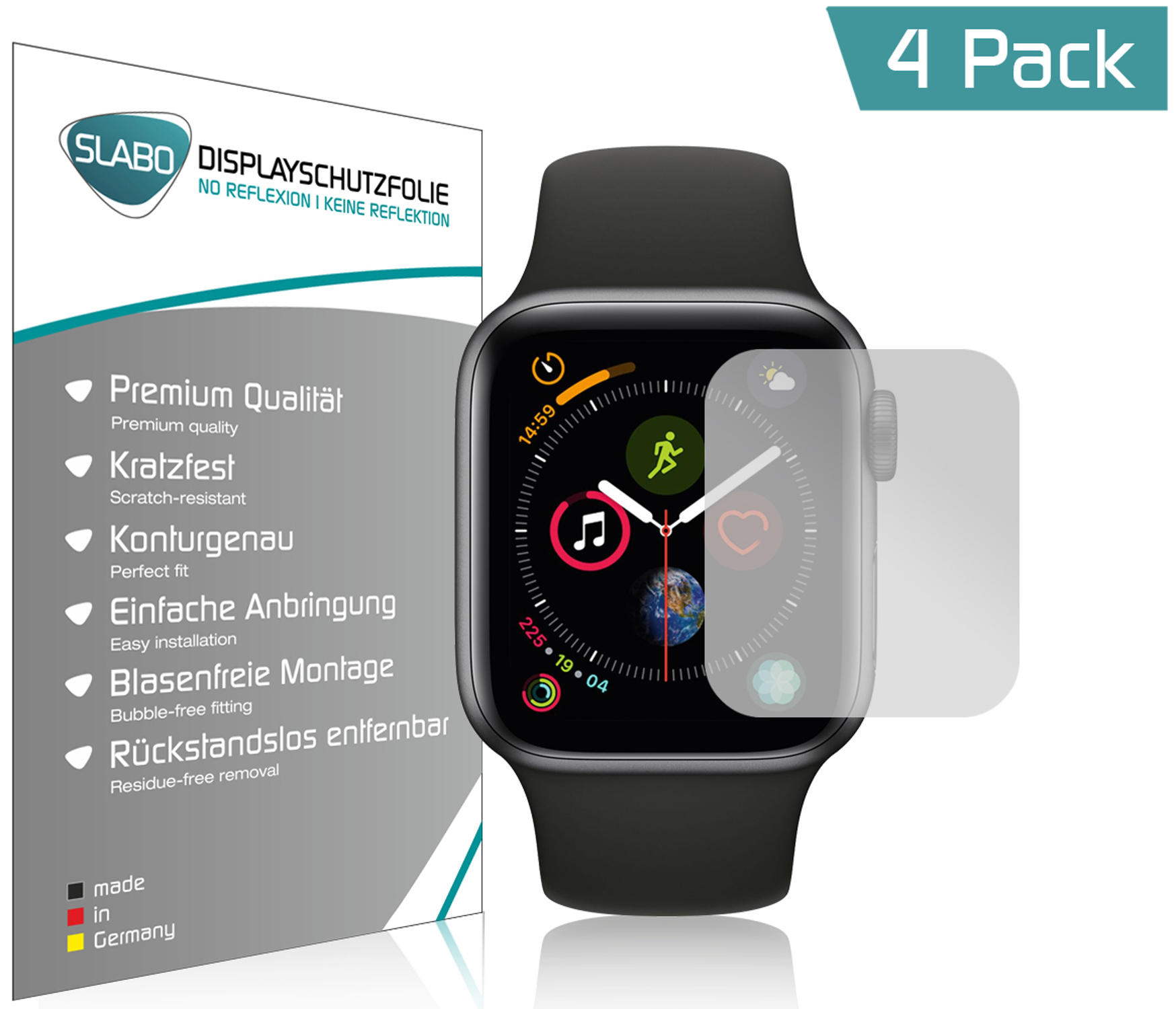 Smartwatch mit Displayschutzfolie, neben der Verpackung.