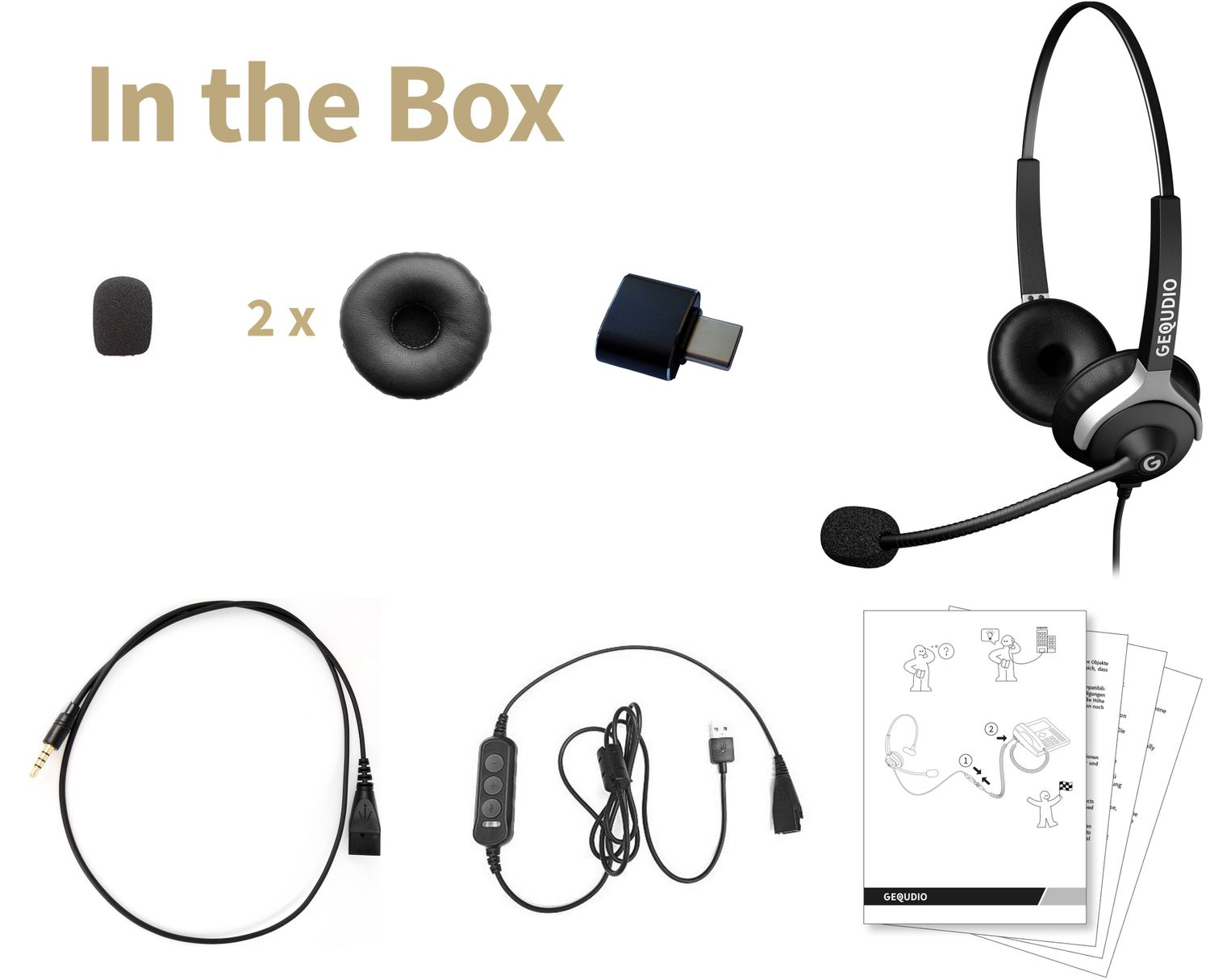 Una scatola contenente cuffie, schiuma per microfono, adattatore USB e manuali.
