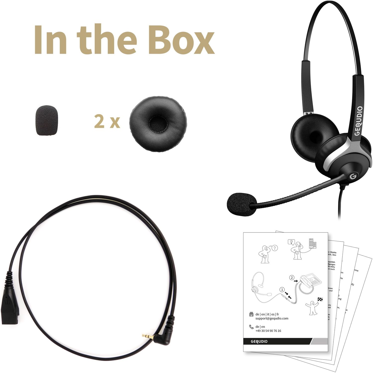 Packungsinhalt: Mikrofon, 2x Ohrpolster, Kabel und ein Headset mit Mikrofon.