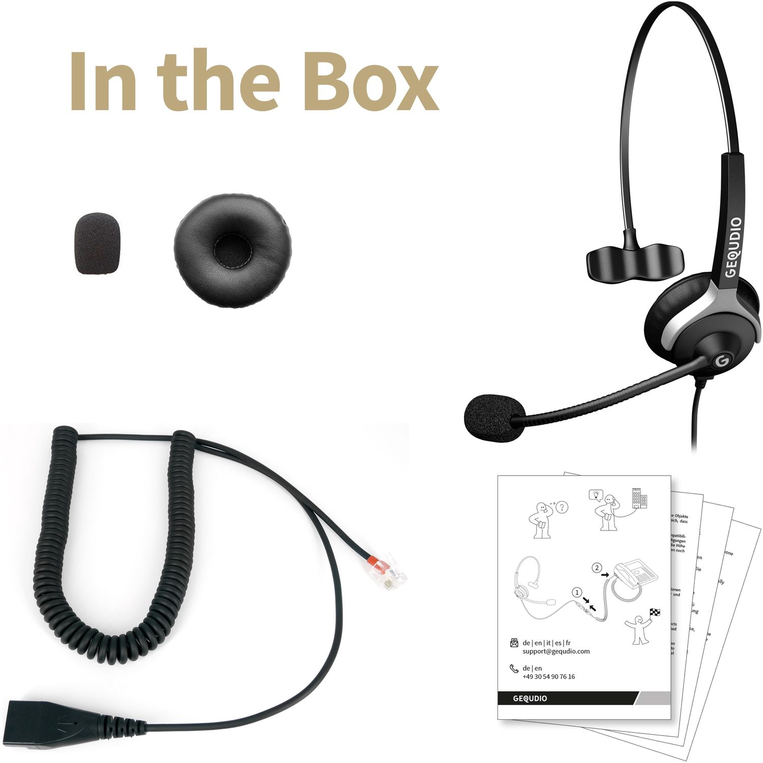 Ein Headset, eine Mikrofonabdeckung und Anleitungsblätter auf weißem Hintergrund.
