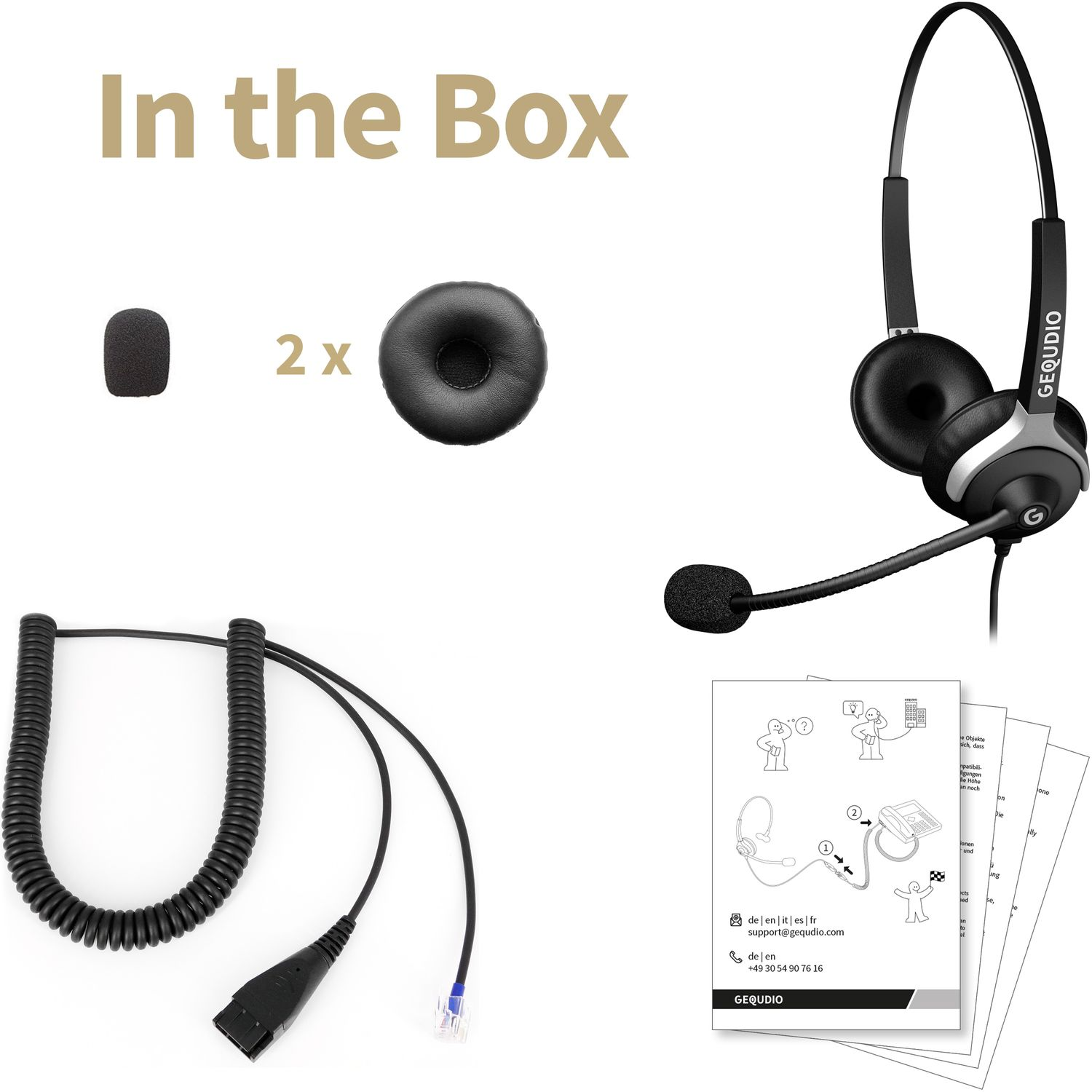 Een headset en zijn accessoires, waaronder een microfoonkap, een kabel en instructiebladen.