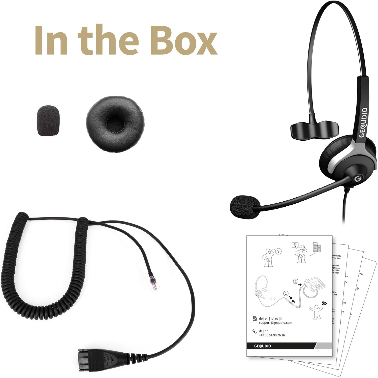 Verschiedene Headset-Komponenten und Diagramme in einer Schachtel angeordnet.