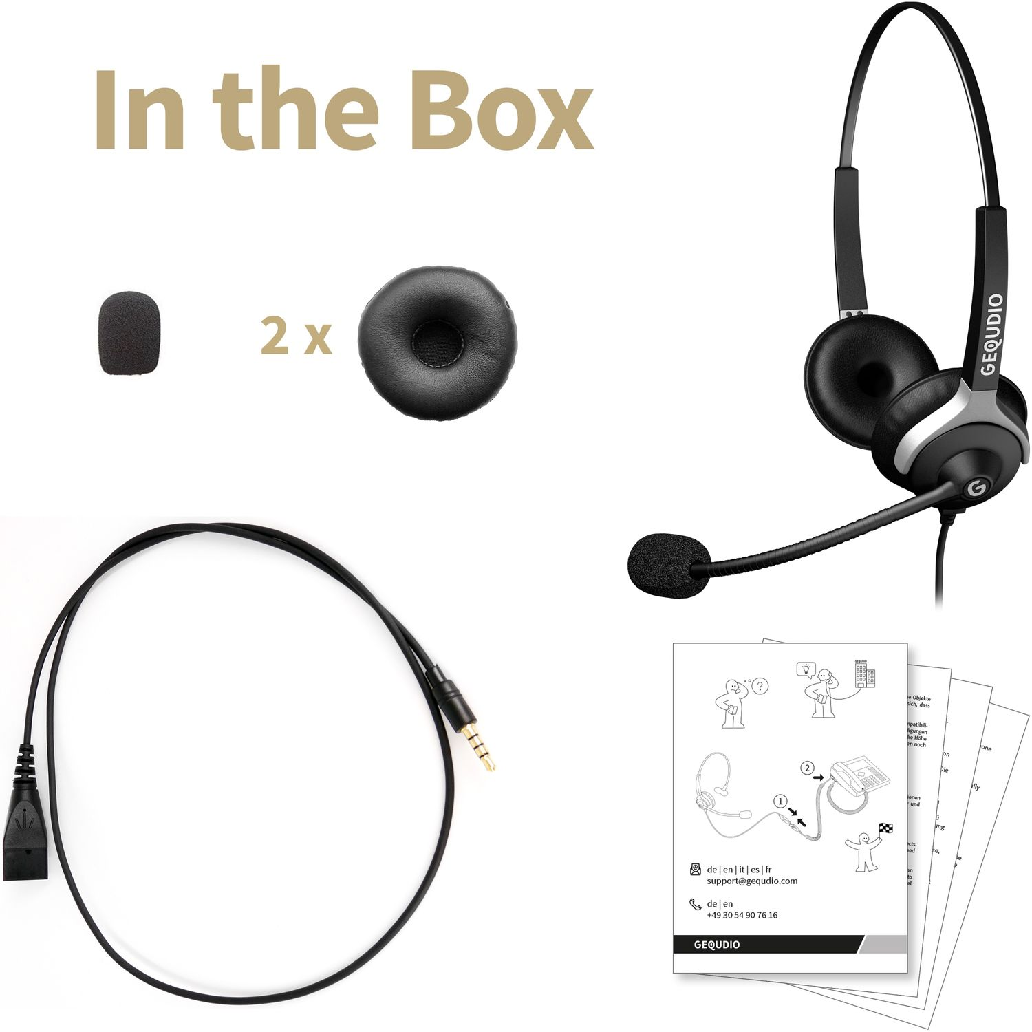 Cuffie e accessori in una scatola. La scatola riporta la scritta "In the Box".