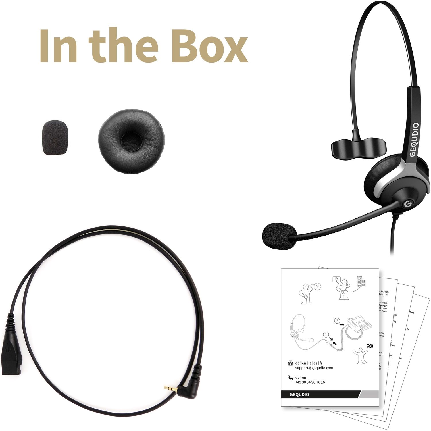 Scatola con cuffie, microfono, cavo e istruzioni, con testo 'In the Box'.