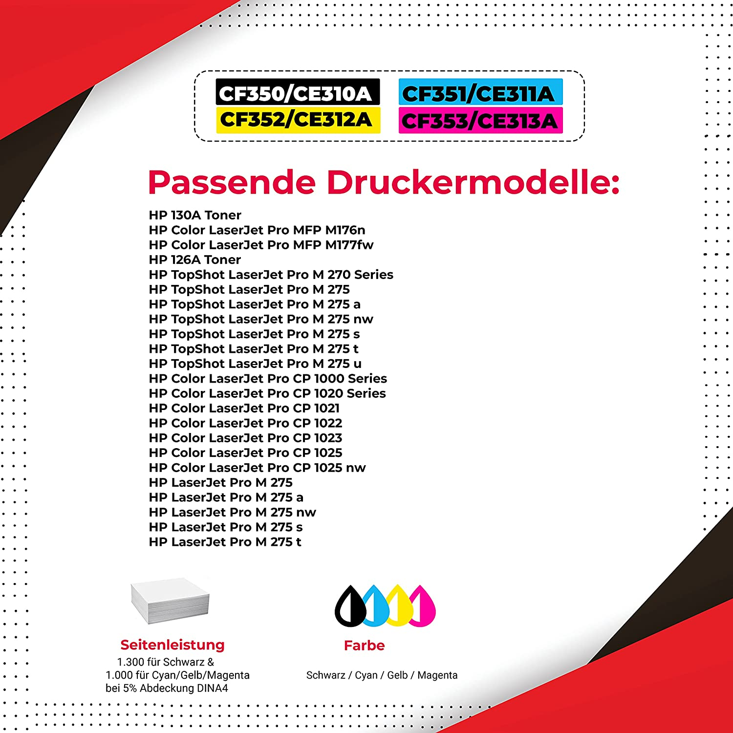 Flyer mit Druckermodellen und Farbtintenpatronen. Enthält Text und Farben.