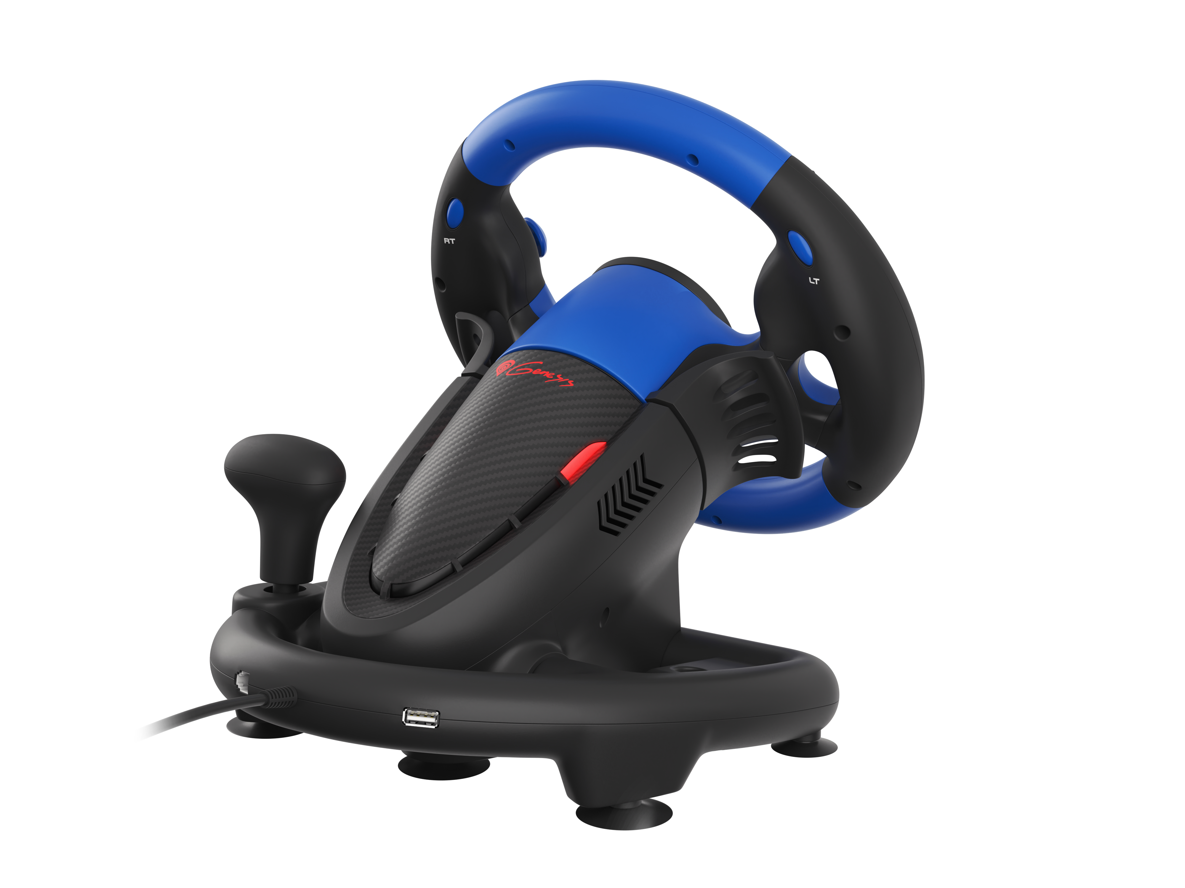 Ein schwarz-blaues Gaming-Lenkrad auf weißem Hintergrund.