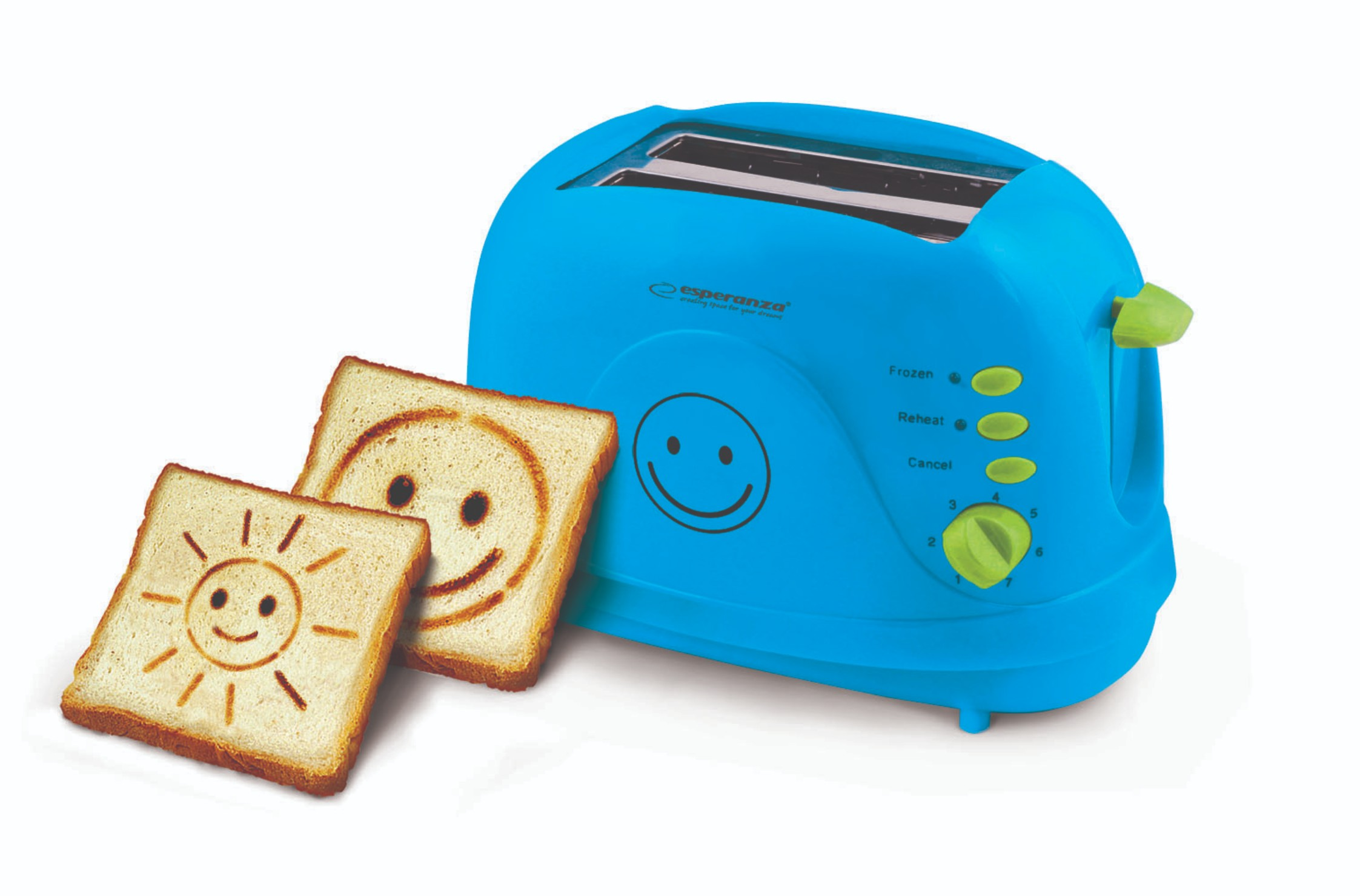 Blauer Toaster mit Smiley-Toast. Zwei Toastscheiben mit Smiley-Gesichtern.