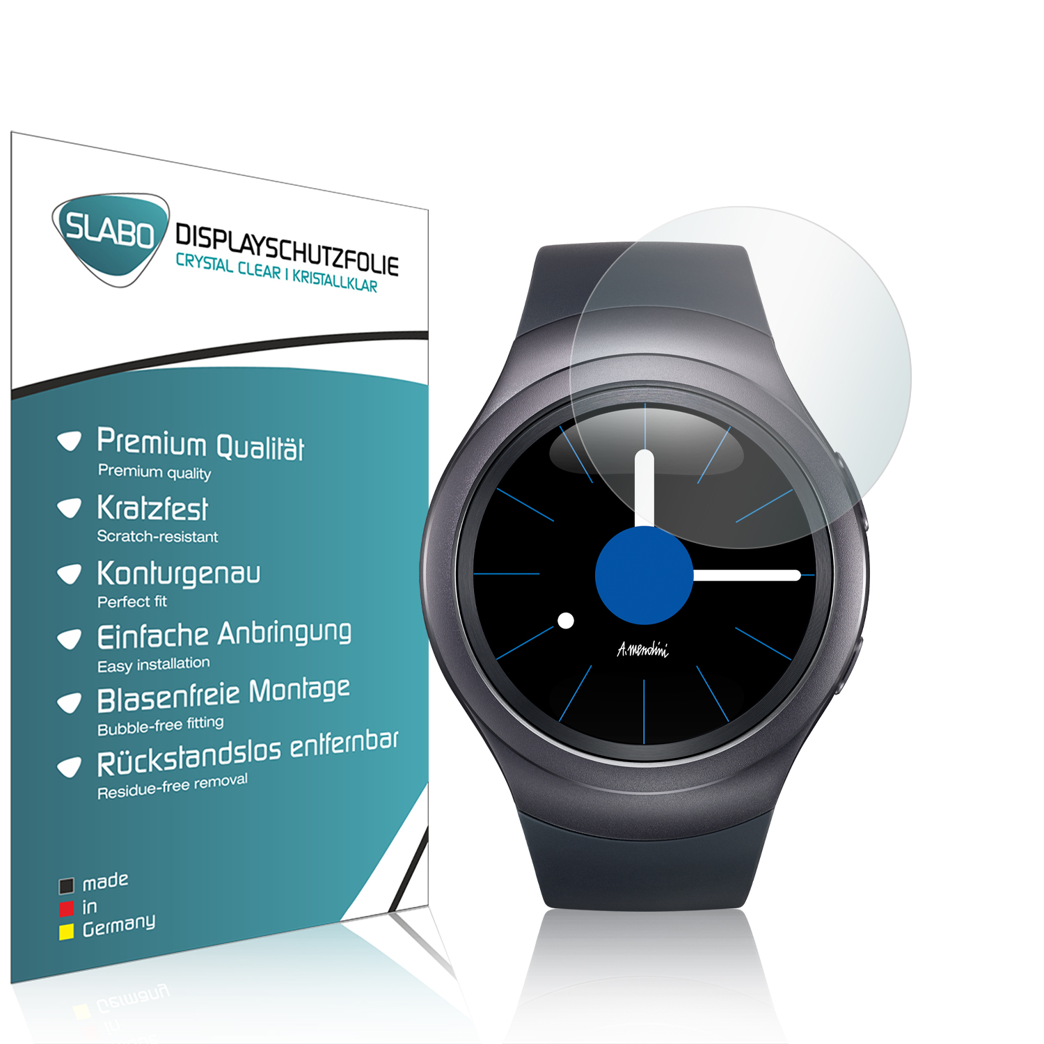 Smartwatch mit Displayschutzfolie. Die Box zeigt Produktdetails auf Deutsch.