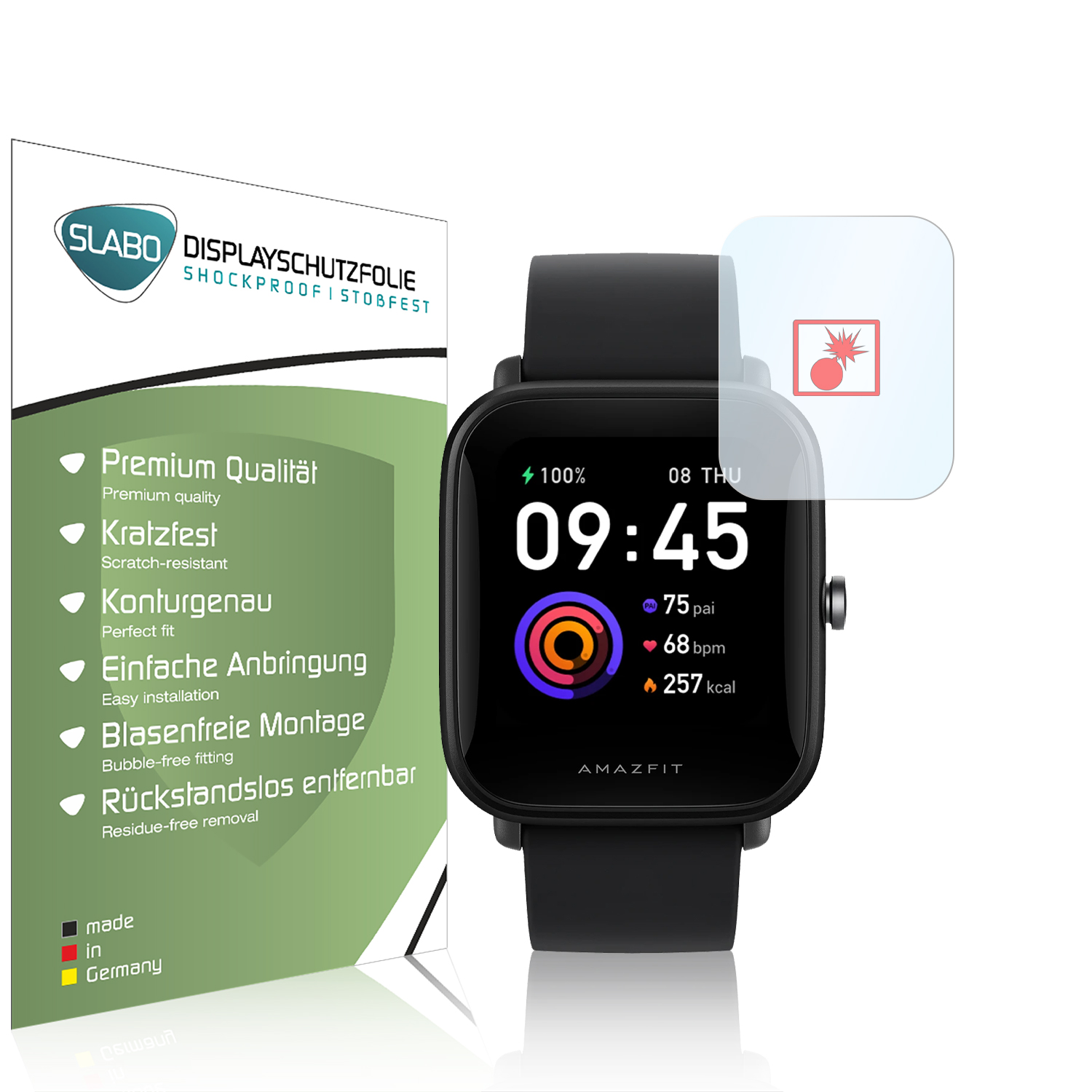 Smartwatch zeigt Zeit, Herzfrequenz und verbrannte Kalorien an. Schutzfolie. Weißer Hintergrund.